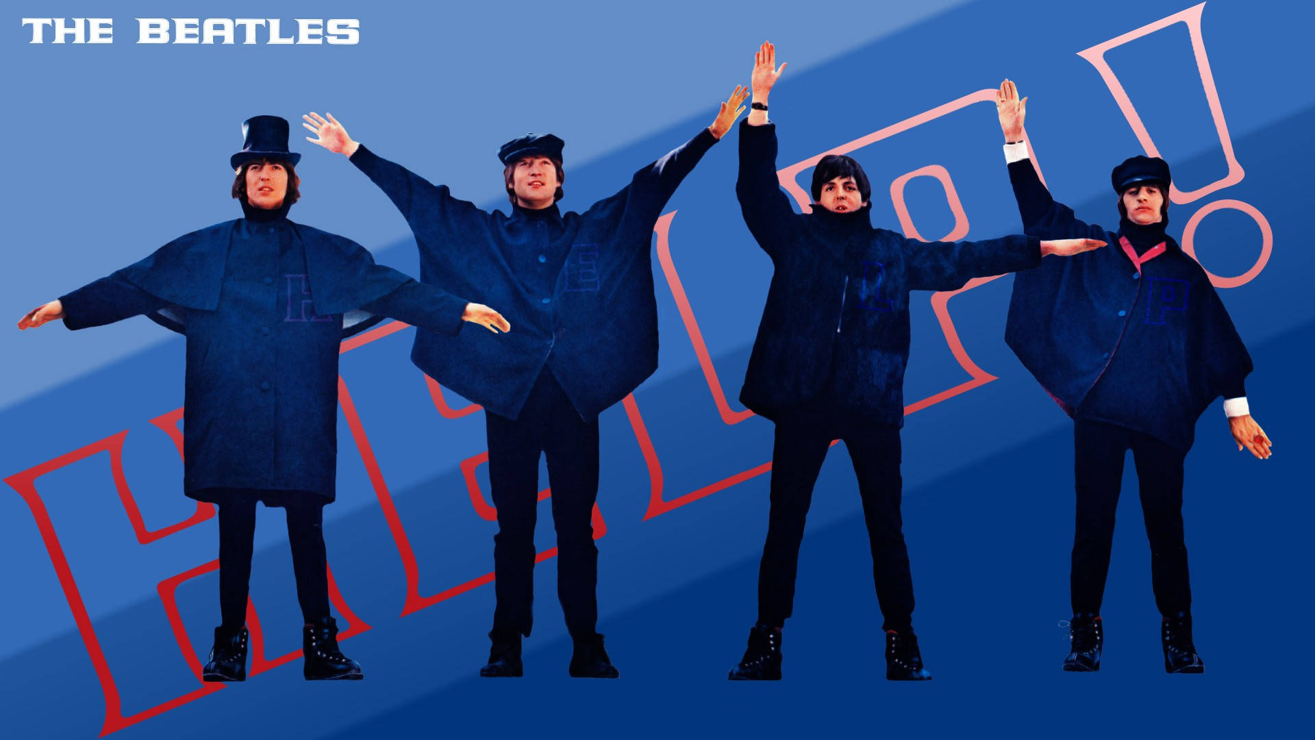 the beatles 桌布 壁紙 — 披頭四穿著標誌性藍色服裝，在帶有紅色「HELP!」文字的醒目藍色背景前舉起雙臂擺姿勢。