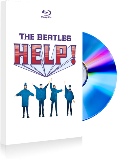 披頭四 桌布 壁紙 — 披頭四電影《Help!》的Blu-ray封面，樂隊身穿藍色服裝，旁邊有彩虹光碟。