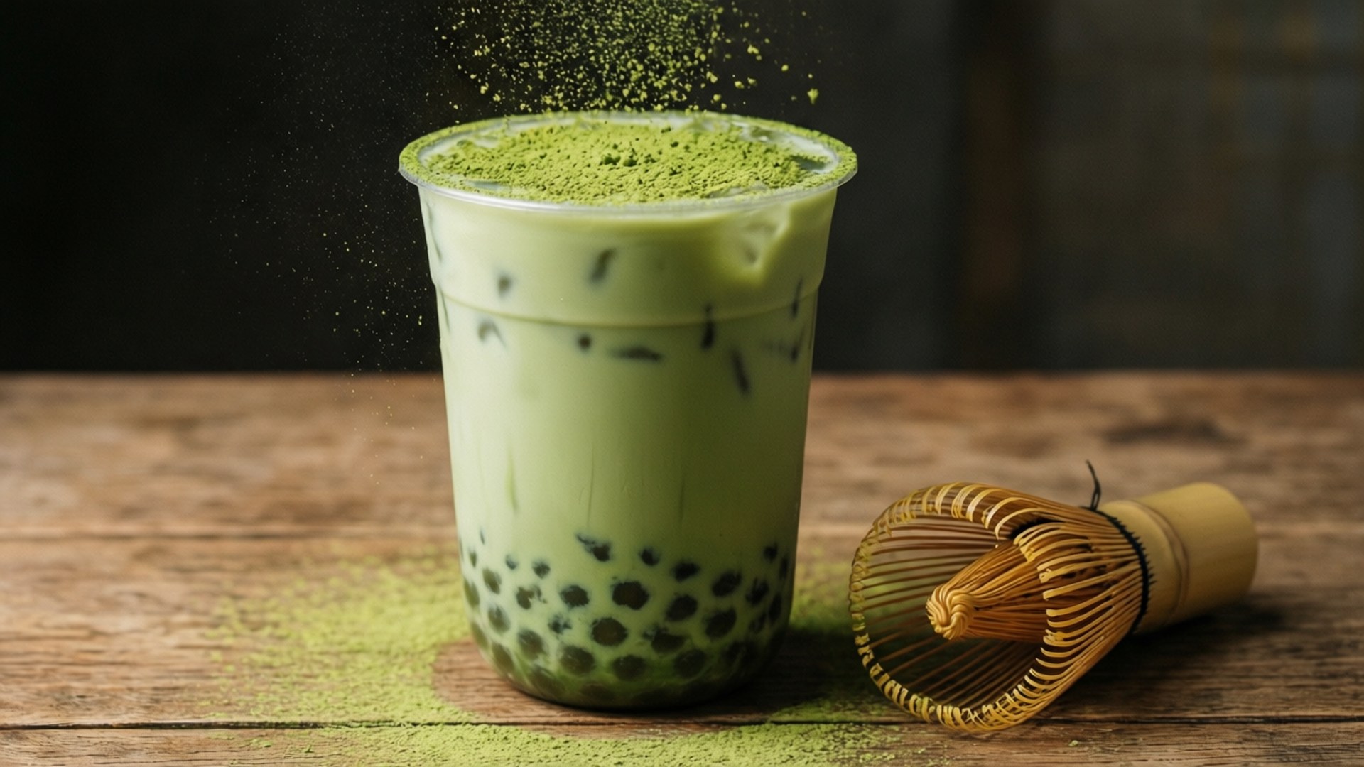 抹茶泡泡茶，撒上抹茶粉，搭配竹製茶筅。