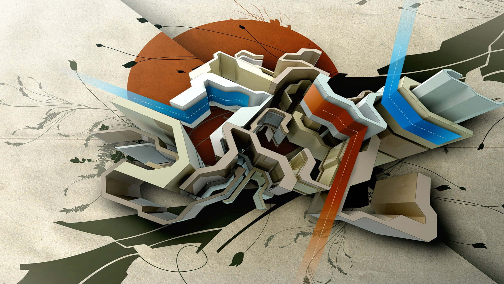 2048x1152 桌布 壁紙 — 抽象3D渲染幾何形狀，帶有藍色、橙色和米色色調，漂浮在帶有墨水植物漩渦的紋理紙上。