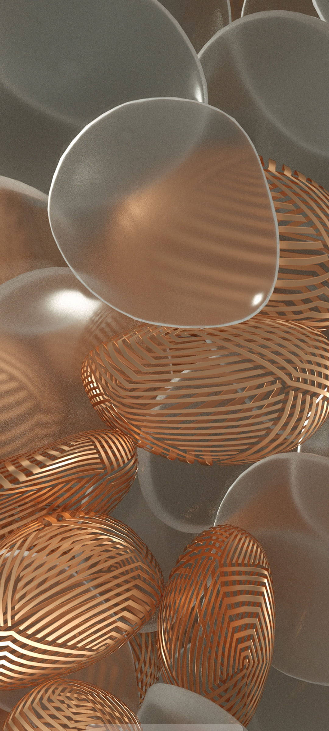 Bubbles 桌布 壁紙 — 抽象3D渲染球體帶有銅線框圖案，漂浮在半透明灰色球體上。