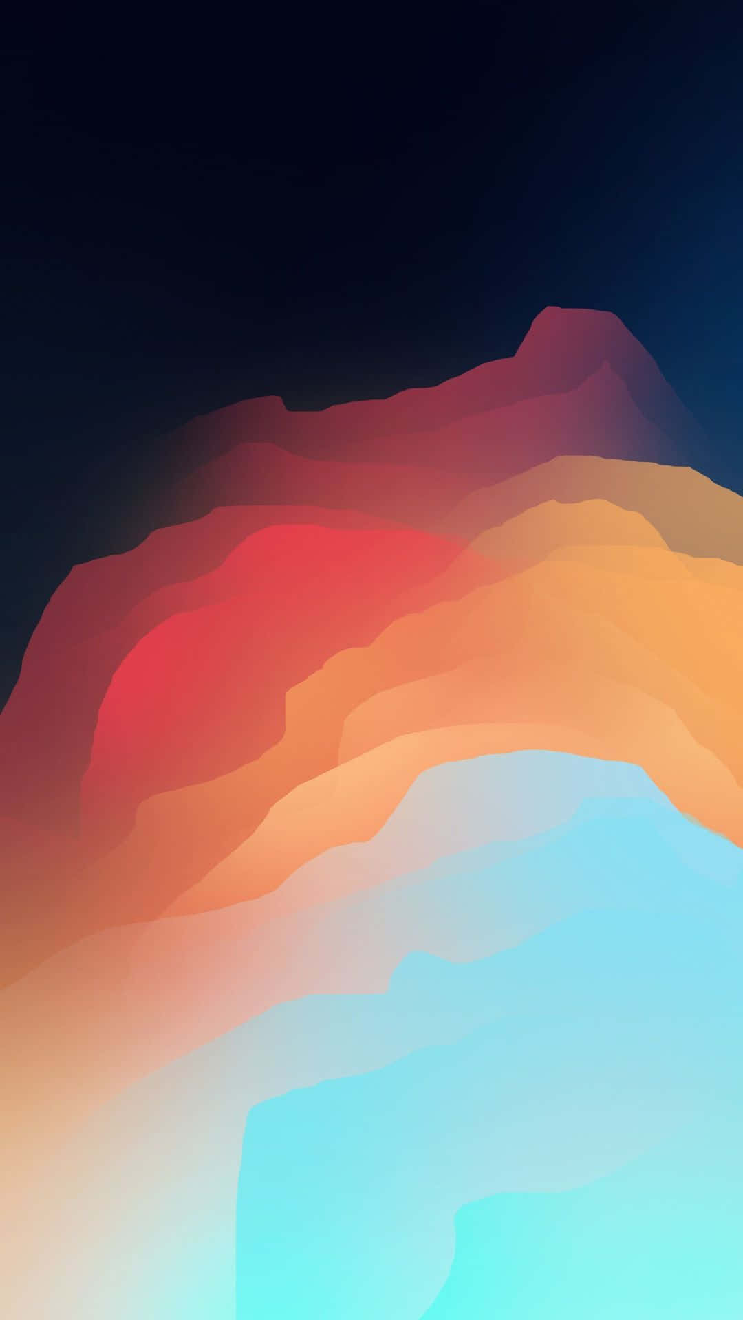 Colorful iPhone 桌布 壁紙 — 抽象分層的山峰在黑暗的天空中閃耀著火紅、橙色和冷藍色。