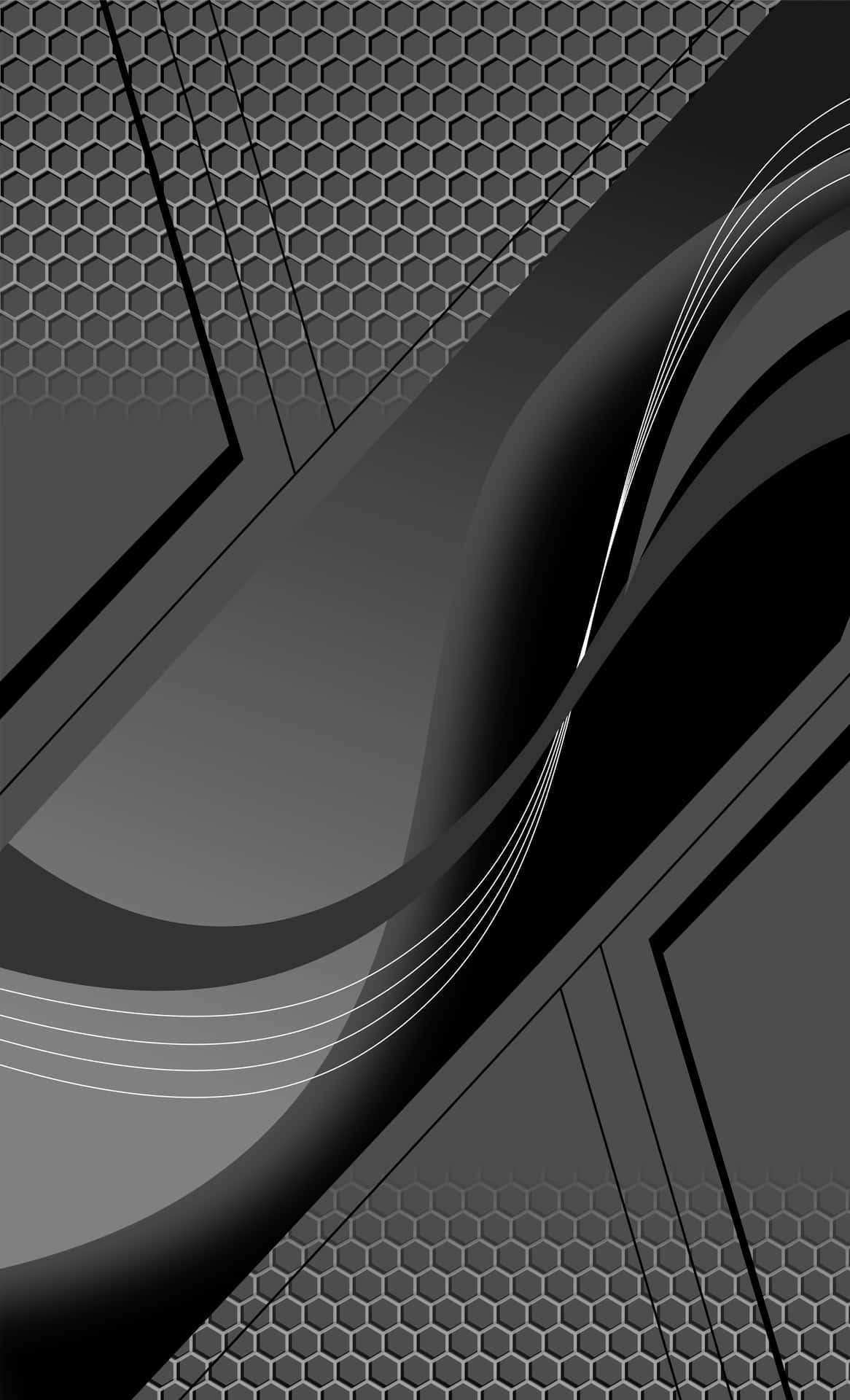 Black and Gray Abstract Hexagon 壁紙 — 抽象單色壁紙，具有幾何六邊形圖案和流動曲線，呈現不同深淺的灰色。