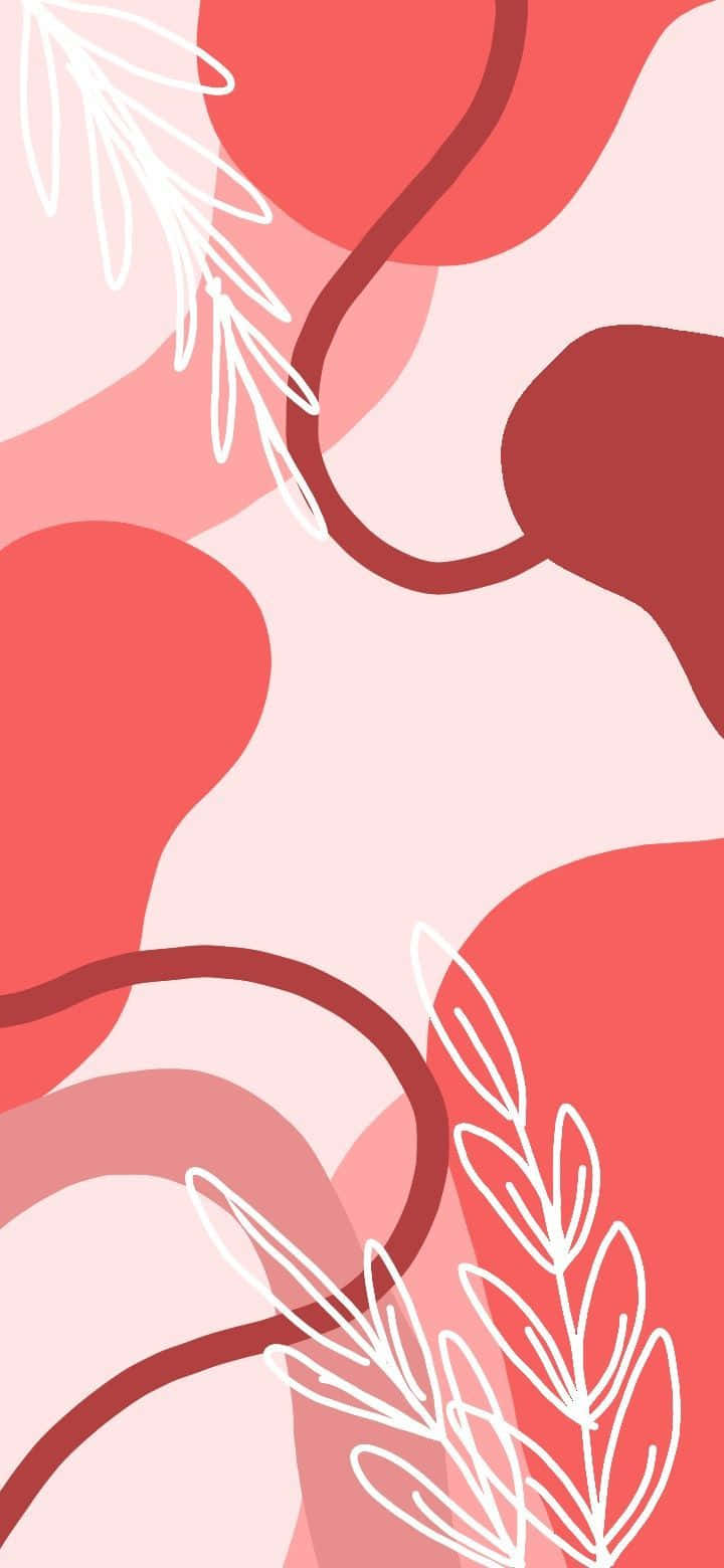 Soft Red Aesthetic 桌布 壁紙 — 抽象壁紙，以柔和粉紅和珊瑚形狀為主，並以白色線條繪製的葉子作點綴。
