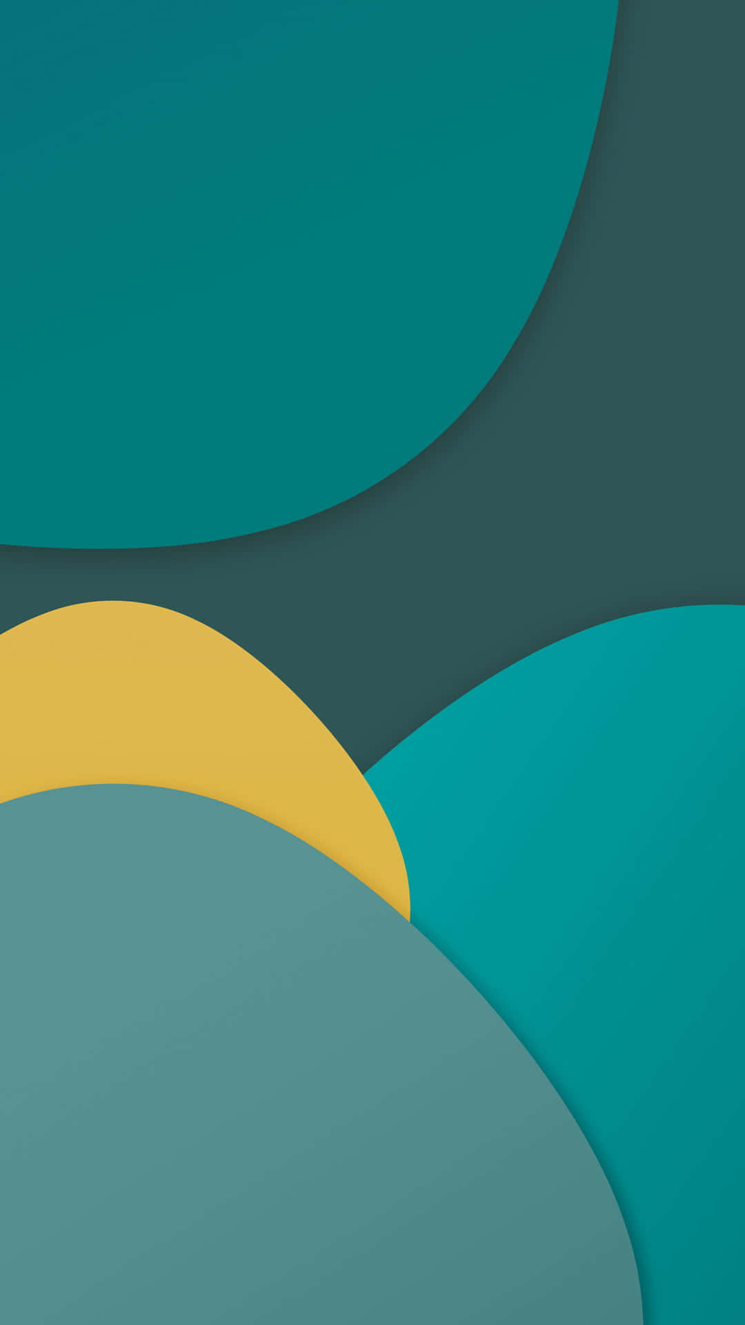 Android Material 桌布 壁紙 — 抽象壁紙，以重疊的藍綠色灰色和芥末黃色曲線形狀營造出現代分層效果。