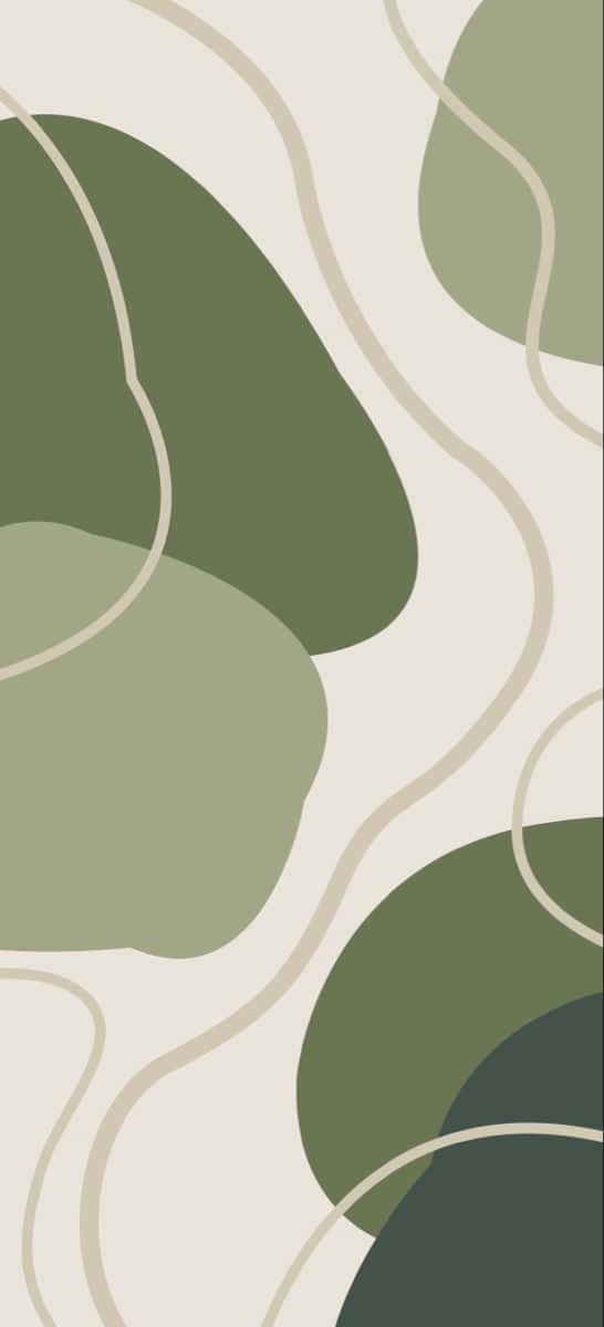 Olive Green 桌布 壁紙 — 抽象壁紙，流動的米色線條穿梭於柔軟的橄欖綠有機形狀之間，背景為奶油色。