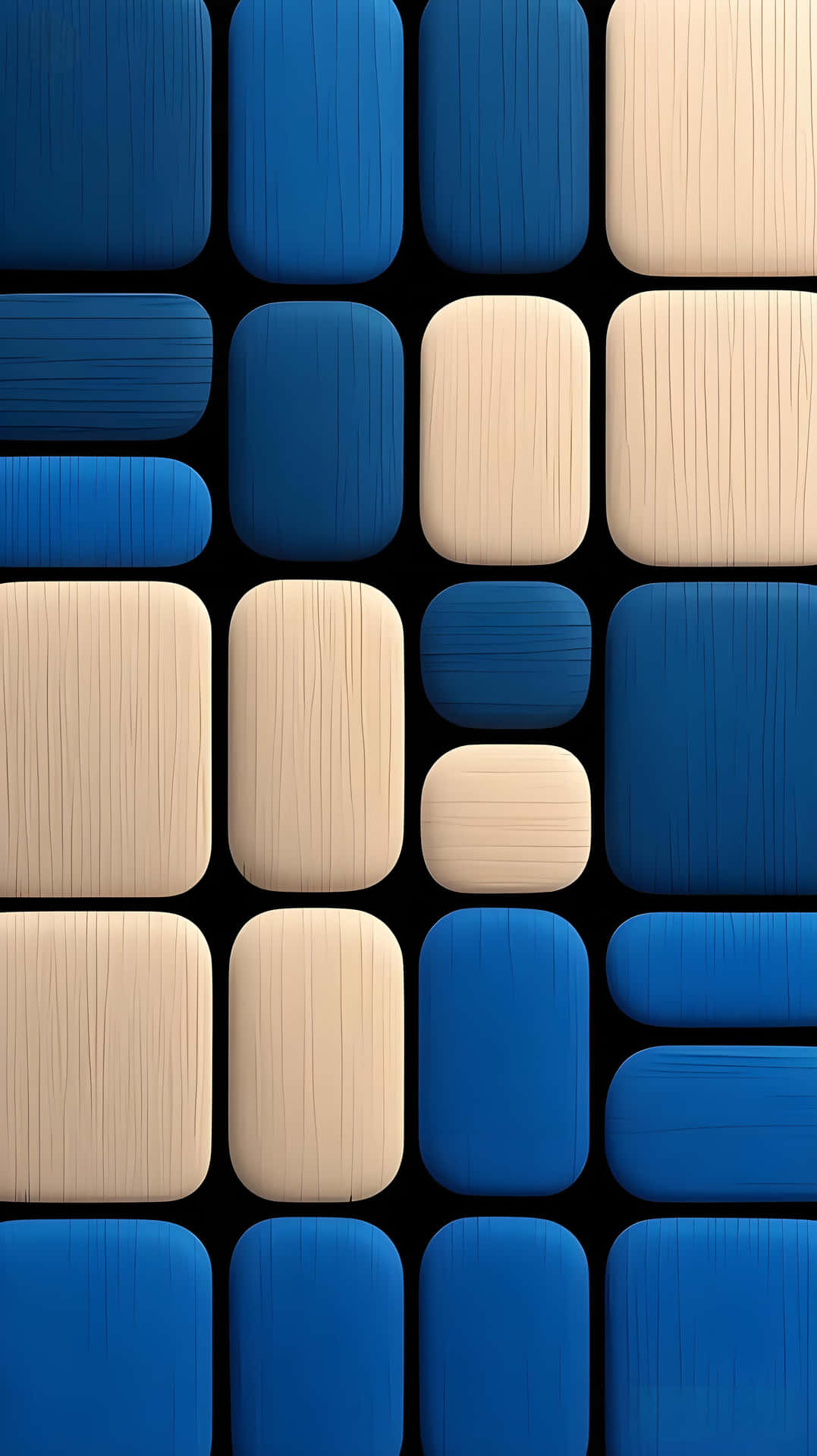 3D Geometric: Modern Art Wooden Texture Wallpaper 壁紙 — 抽象壁紙，藍色和米色的圓角矩形瓷磚在黑色背景上排列成網格。