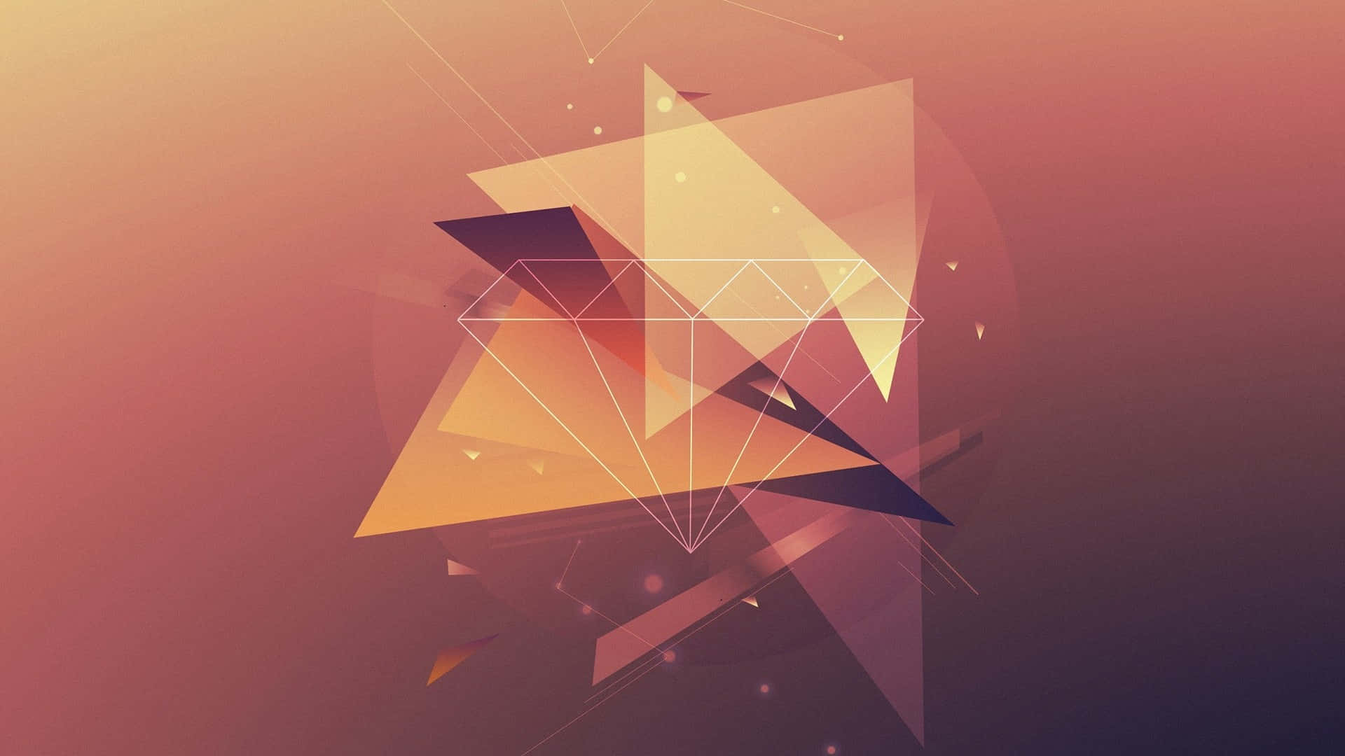 Minimalist HD Geometric Desktop 桌布 壁紙 — 抽象幾何三角形以溫暖漸變色調漂浮在柔和的粉紅到紫色背景上。