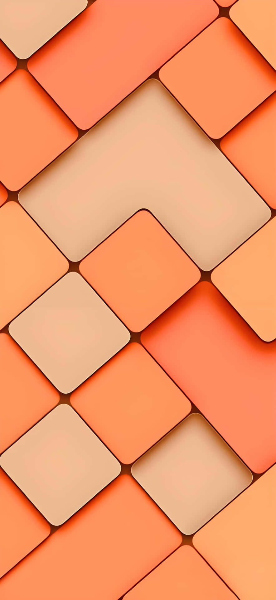 Orange Geometry: Minimalist 3D Tiled Wallpaper 壁紙 — 抽象幾何圖案壁紙，以橙色、米色和桃色重疊方形瓷磚營造現代3D效果。