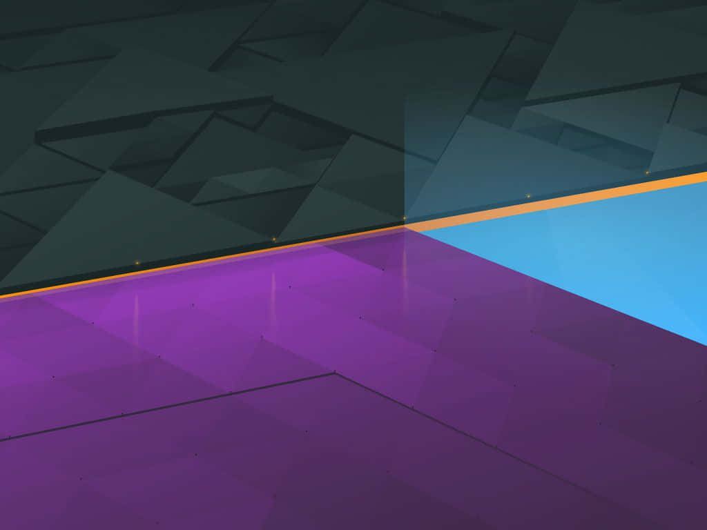 Material Design 桌布 壁紙 — 抽象幾何圖案壁紙，以深綠色、藍色和紫色調的銳利三角形切面組成，並由一條發光的橙色線條分隔。