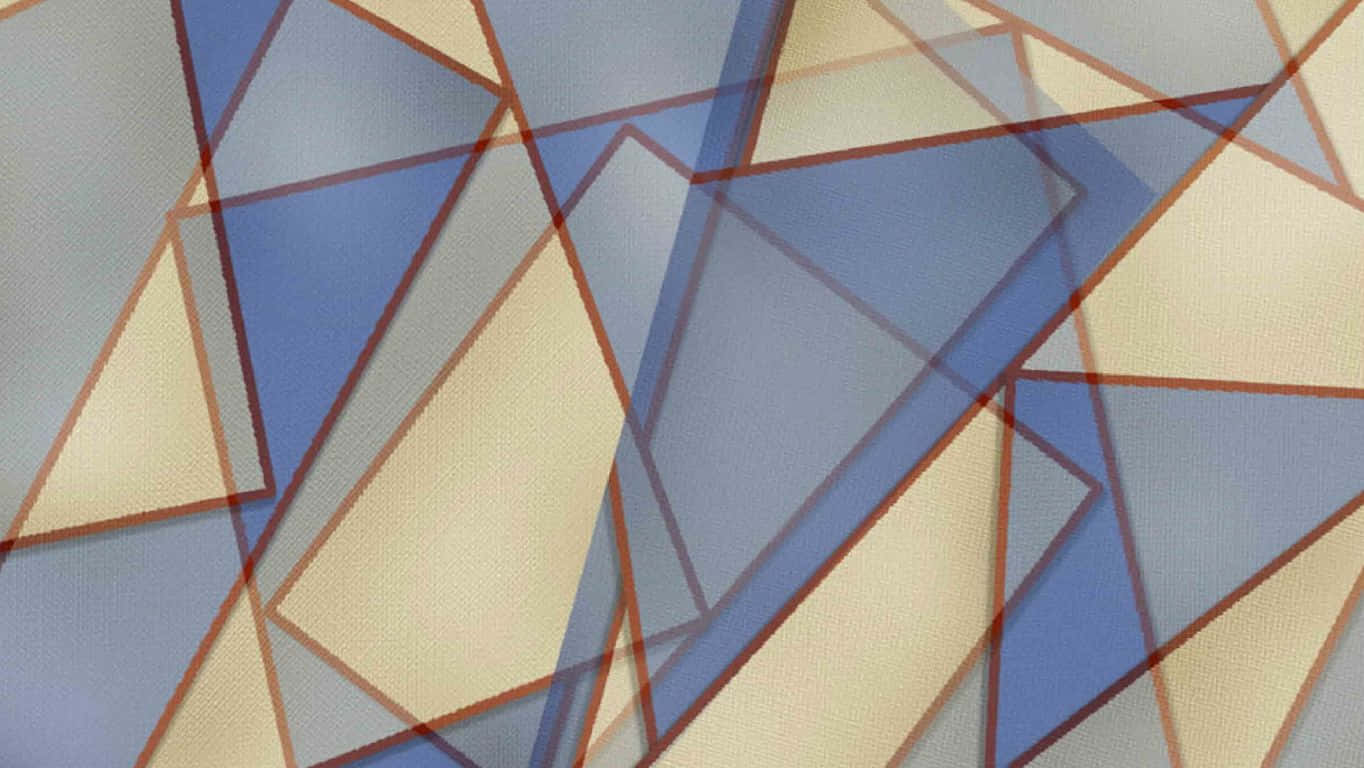1364x768 桌布 壁紙 — 抽象幾何圖案壁紙，在帶有紋理的布料上呈現藍色、米色和棕色調的重疊三角形。