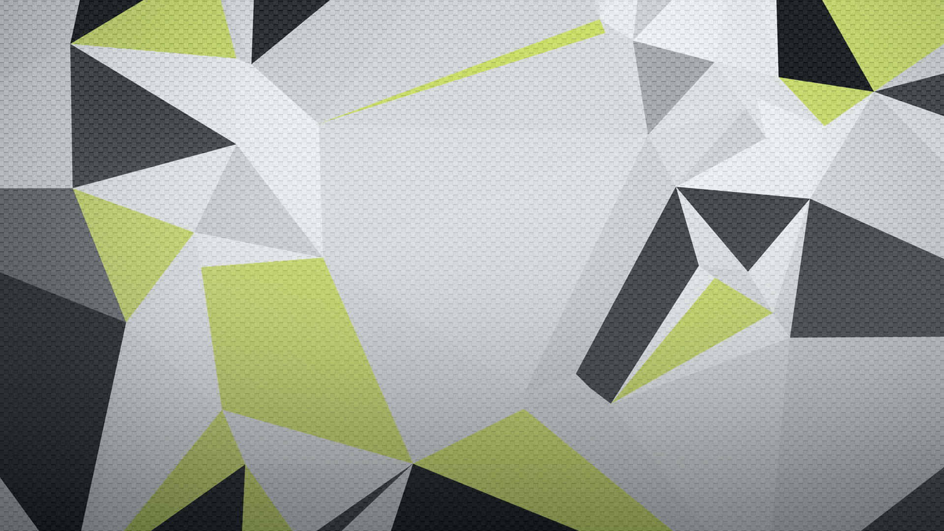 Minimalist HD Geometric Desktop 桌布 壁紙 — 抽象幾何圖案壁紙，在紋理背景上呈現灰色、黑色和萊姆綠色的銳利三角形切面。