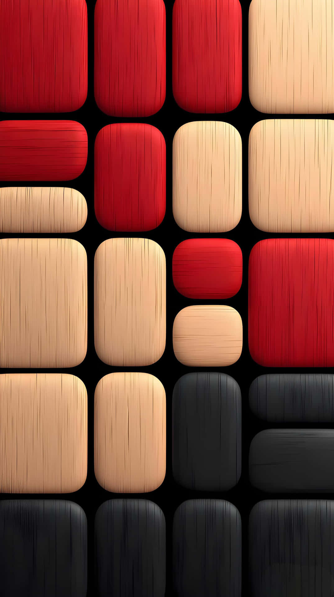 3D Geometric: Modern Art Wooden Texture Wallpaper 壁紙 — 抽象幾何圖案壁紙，黑色背景上帶有紅色、米色和黑色木紋紋理的圓角矩形。