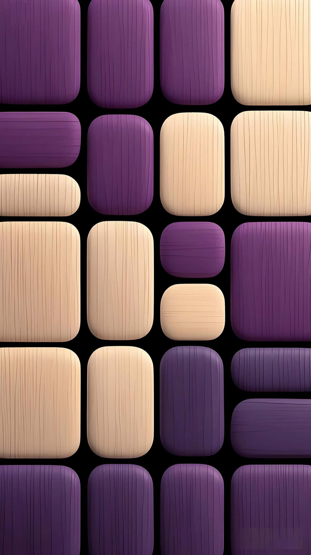 3D Square Textures: Purple - Beige Geometric Wallpaper 壁紙 — 抽象幾何圖案壁紙，黑色背景上帶有紫色和米色木紋圓角矩形。