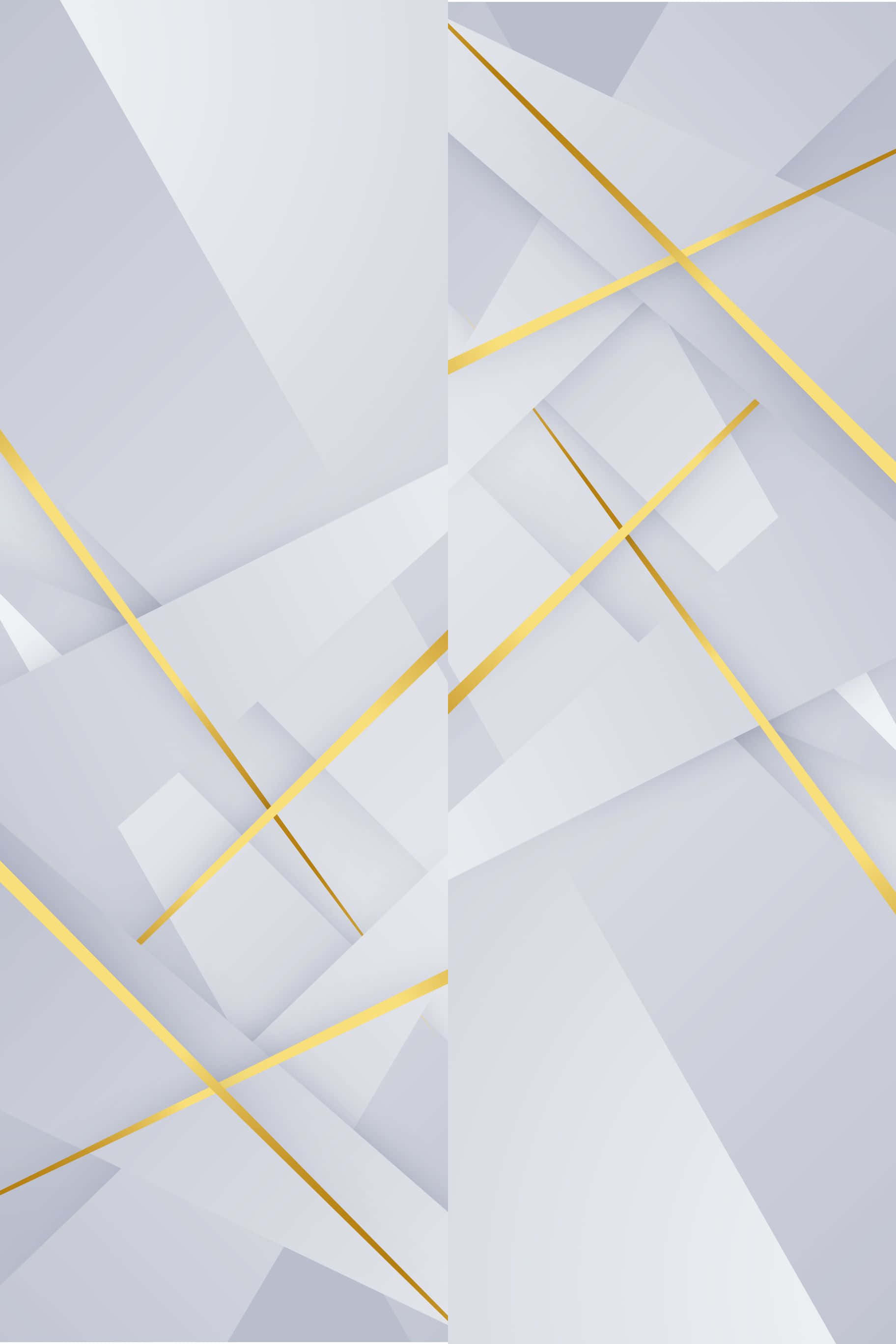 1824x2736 桌布 壁紙 — 抽象幾何壁紙，以白色和灰色棱角形狀搭配大膽的金色線條點綴。