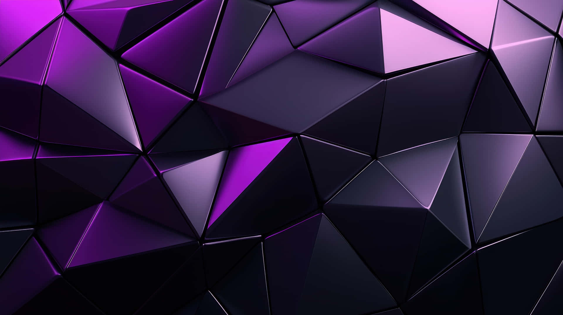 Futuristic polygonal surface with purple reflections 壁紙 — 抽象幾何壁紙，紫色和黑色三角形面交錯，營造出時尚現代的3D效果。