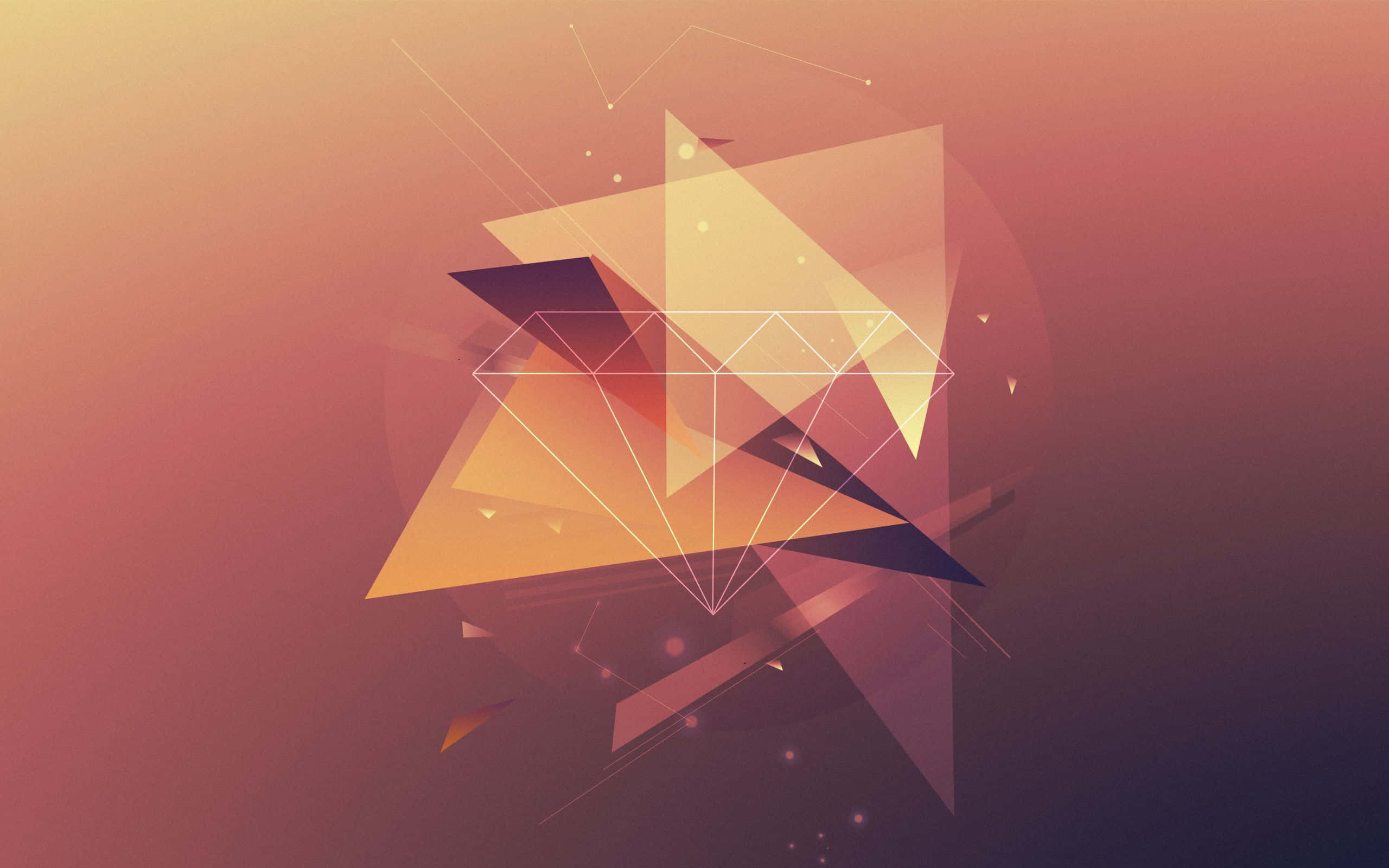 Geometric Shapes 桌布 壁紙 — 抽象幾何形狀以溫暖漸變色調漂浮在柔和日落背景上，帶有發光粒子。