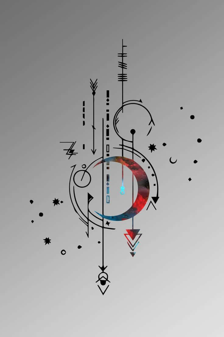 Game Design 桌布 壁紙 — 抽象幾何設計，以宇宙新月和箭頭為特色，搭配漸變灰色背景。