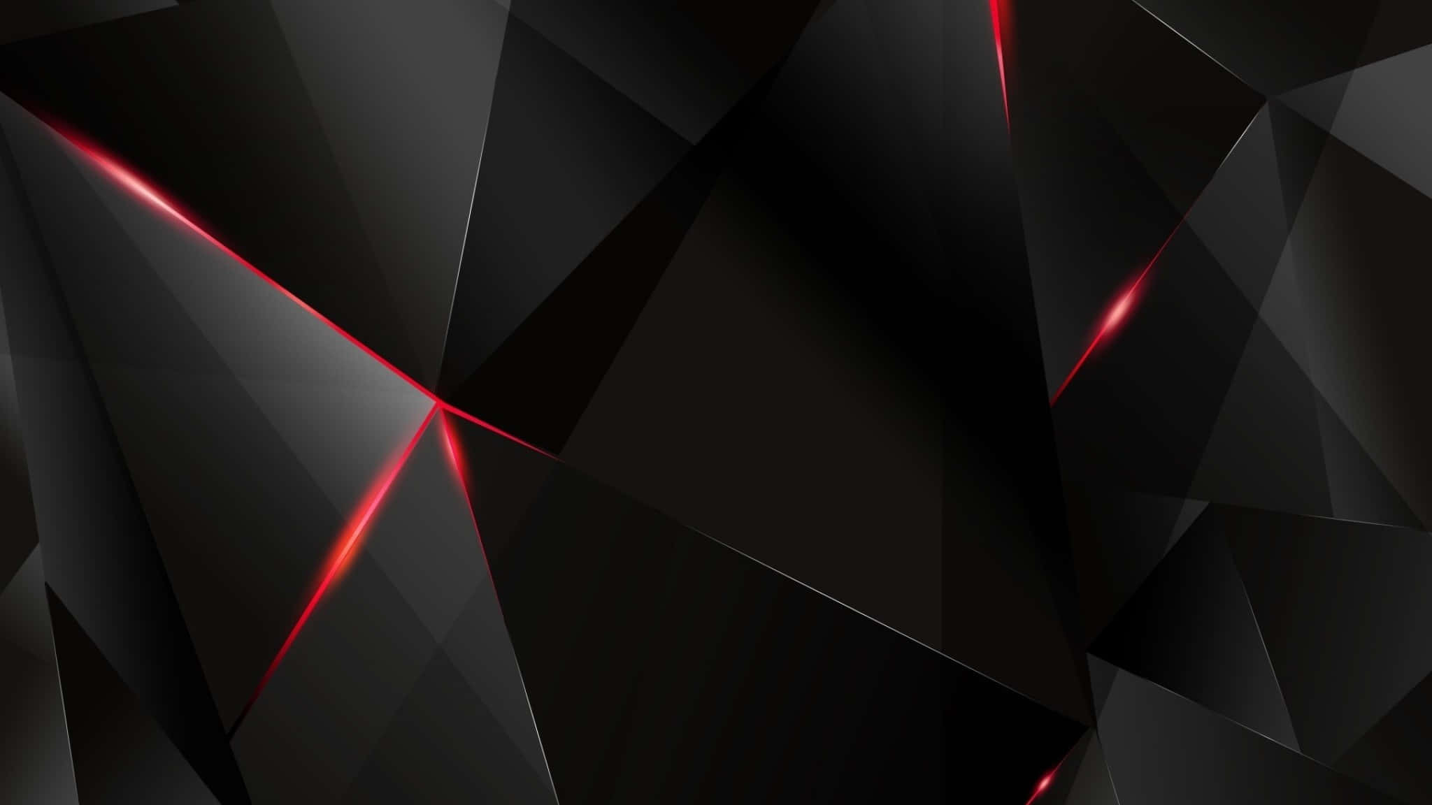 2048x1152 桌布 壁紙 — 抽象幾何黑色三角形被發光的紅色雷射線貫穿，創造出高科技數位藝術構圖。