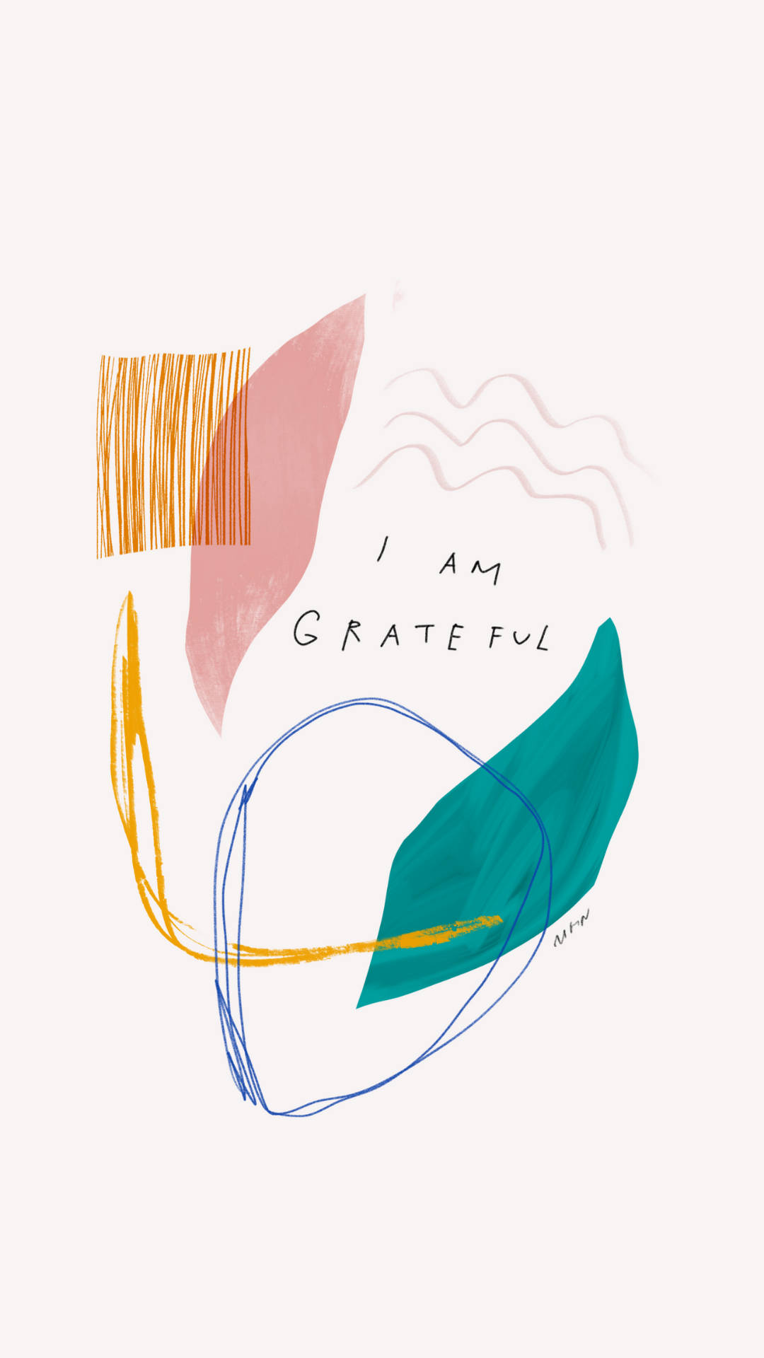 美學 桌布 壁紙 — 抽象彩色形狀和波浪線環繞著手寫短語「I AM GRATEFUL」，背景為柔和奶油色。