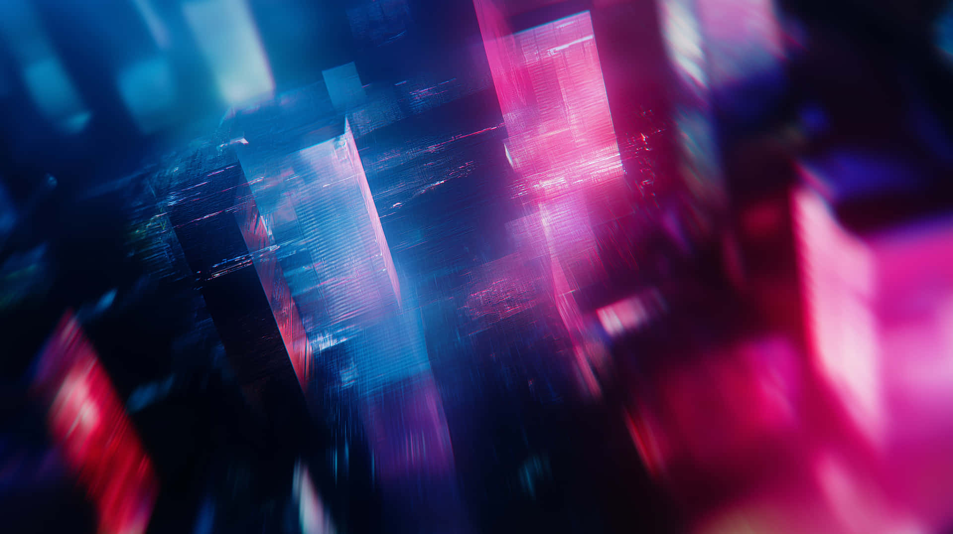 Dynamic Cyberpunk Cityscape Blur at Night, Abstract Lights 壁紙 — 抽象數位故障藝術，在深色背景上呈現鮮豔的藍色和洋紅色光條。