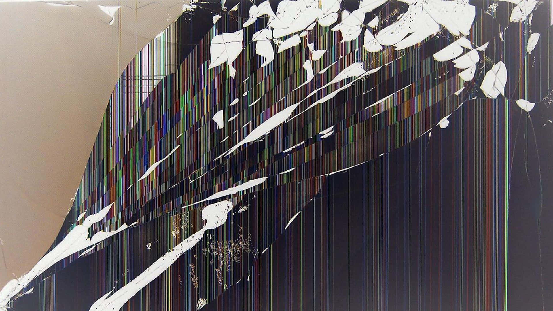 Lcd 桌布 壁紙 — 抽象數位故障藝術，帶有垂直彩虹條紋和白色碎片形狀，背景為深色和米色。
