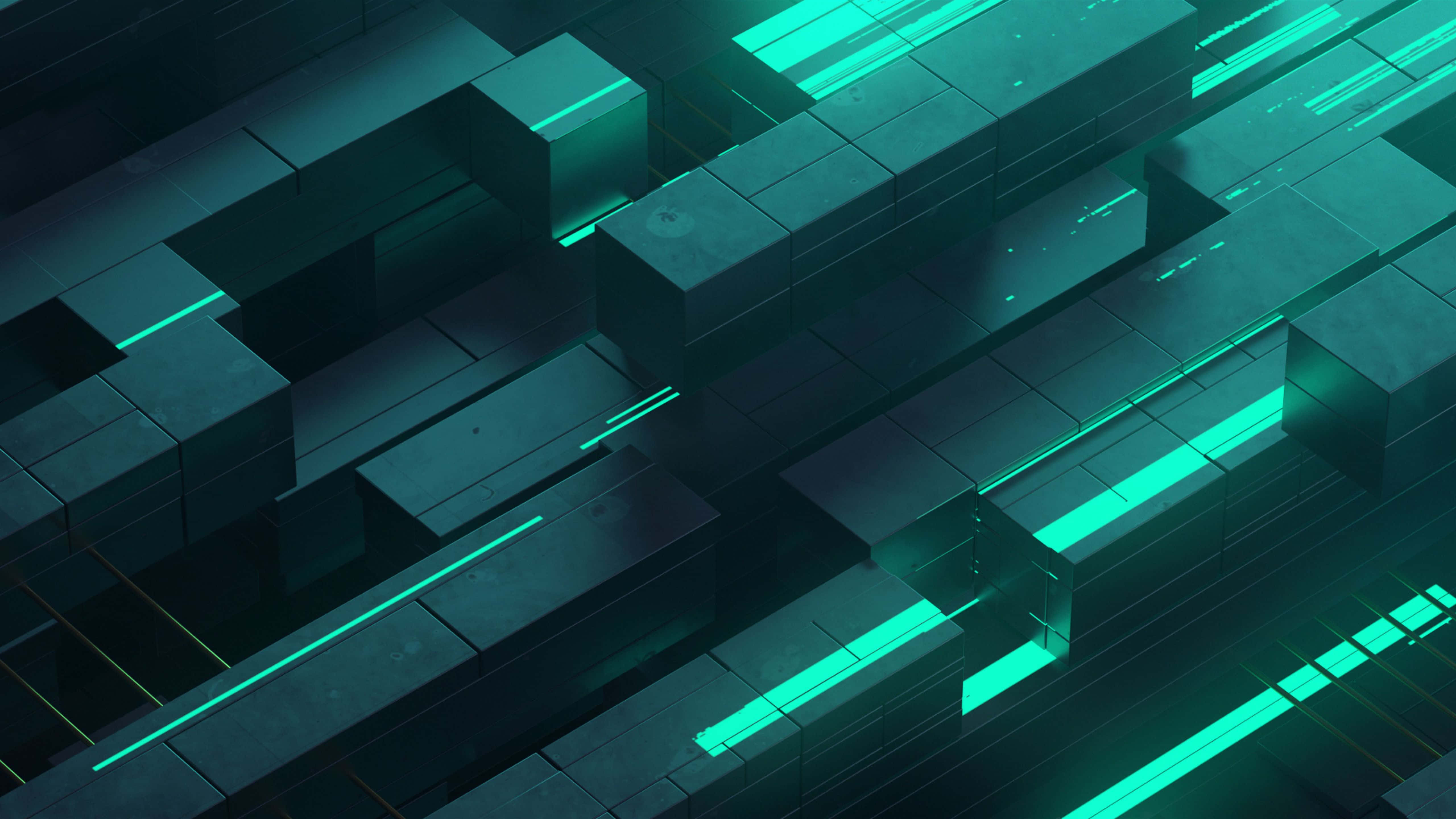 Teal Blue 桌布 壁紙 — 抽象數位方塊帶有發光的青綠色線條，形成未來科技景觀。