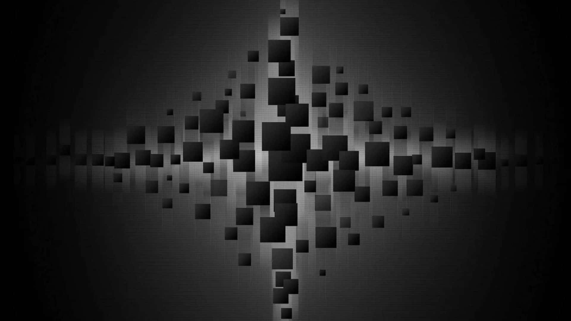 Dark Abstract Art 桌布 壁紙 — 抽象數位藝術，以浮動黑色立方體排列成對稱波浪圖案，背景為漸變灰色。