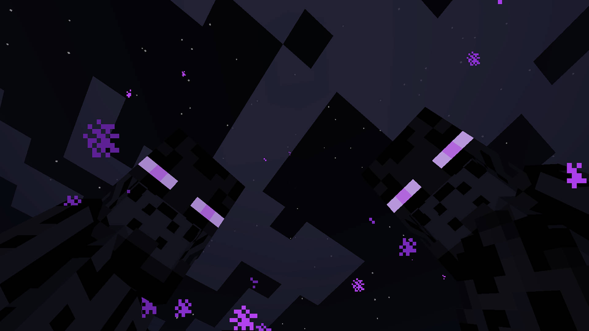 Enderman 桌布 壁紙 — 抽象數位藝術，以漂浮的紫色像素化粒子為特色，背景為深色幾何圖案。