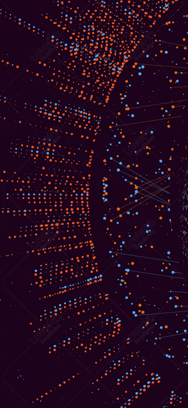 Code 桌布 壁紙 — 抽象數位藝術，在深紫色背景上，由細線連接的發光橙色和藍色點。
