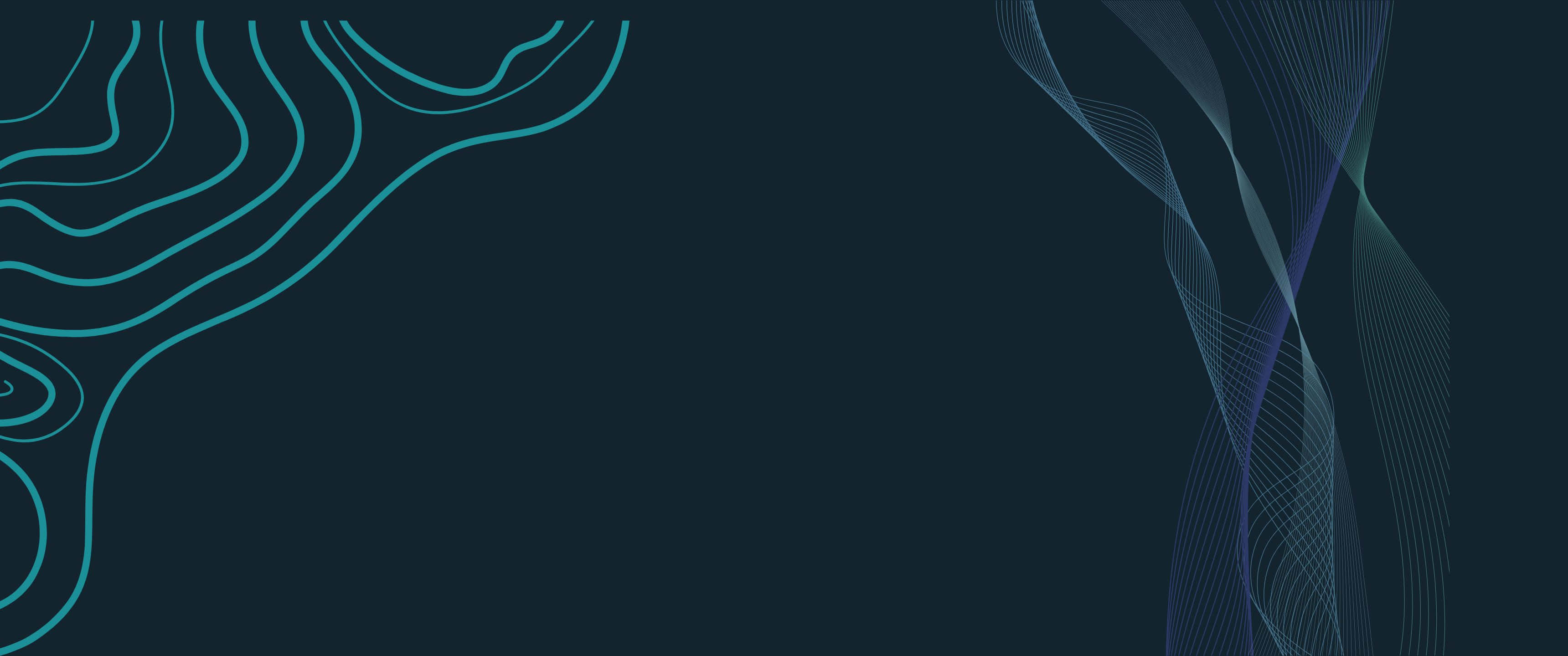 3440x1440 桌布 壁紙 — 抽象數位藝術作品，以深海軍藍背景上流動的青綠色和藍色波浪線為特色。