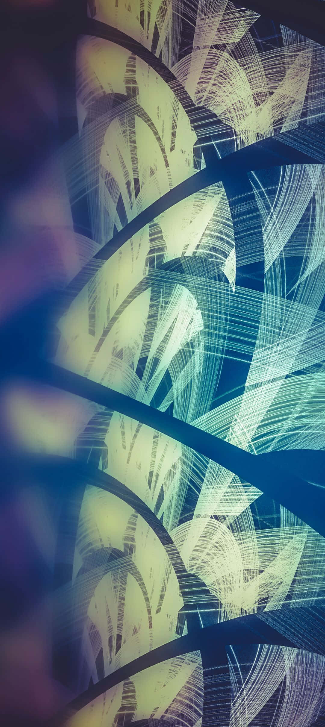 1080x2412 桌布 壁紙 — 抽象數位藝術作品，以深色背景上的藍色和黃色發光霓虹線條及彎曲形狀為特色。