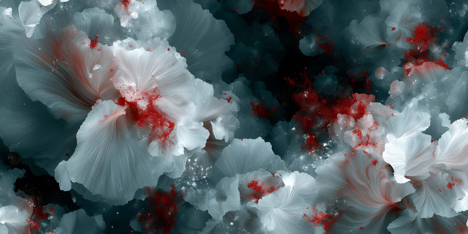 Ethereal Cosmic Bloom 壁紙 — 抽象數位藝術作品，以深藍綠色和黑色背景上的帶有紅色潑濺的飄逸白色花卉形態為特色。