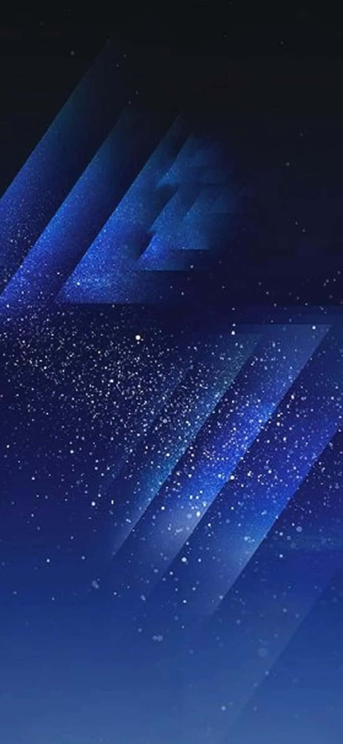 iPhone X AMOLED 桌布 壁紙 — 抽象數位藝術作品，以發光的藍色幾何平面和閃爍粒子為特色，背景為黑暗的宇宙。