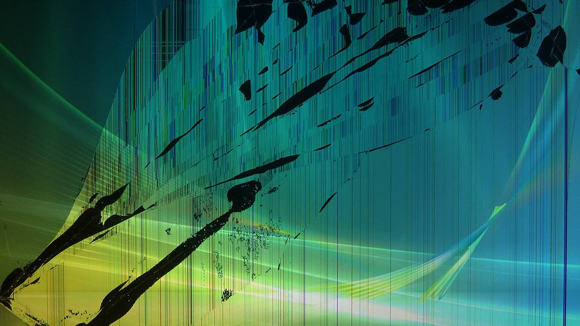 Computer Screen 桌布 壁紙 — 抽象數位藝術作品，在漸變背景上呈現藍綠色和萊姆綠色的光條以及黑色碎片形狀。