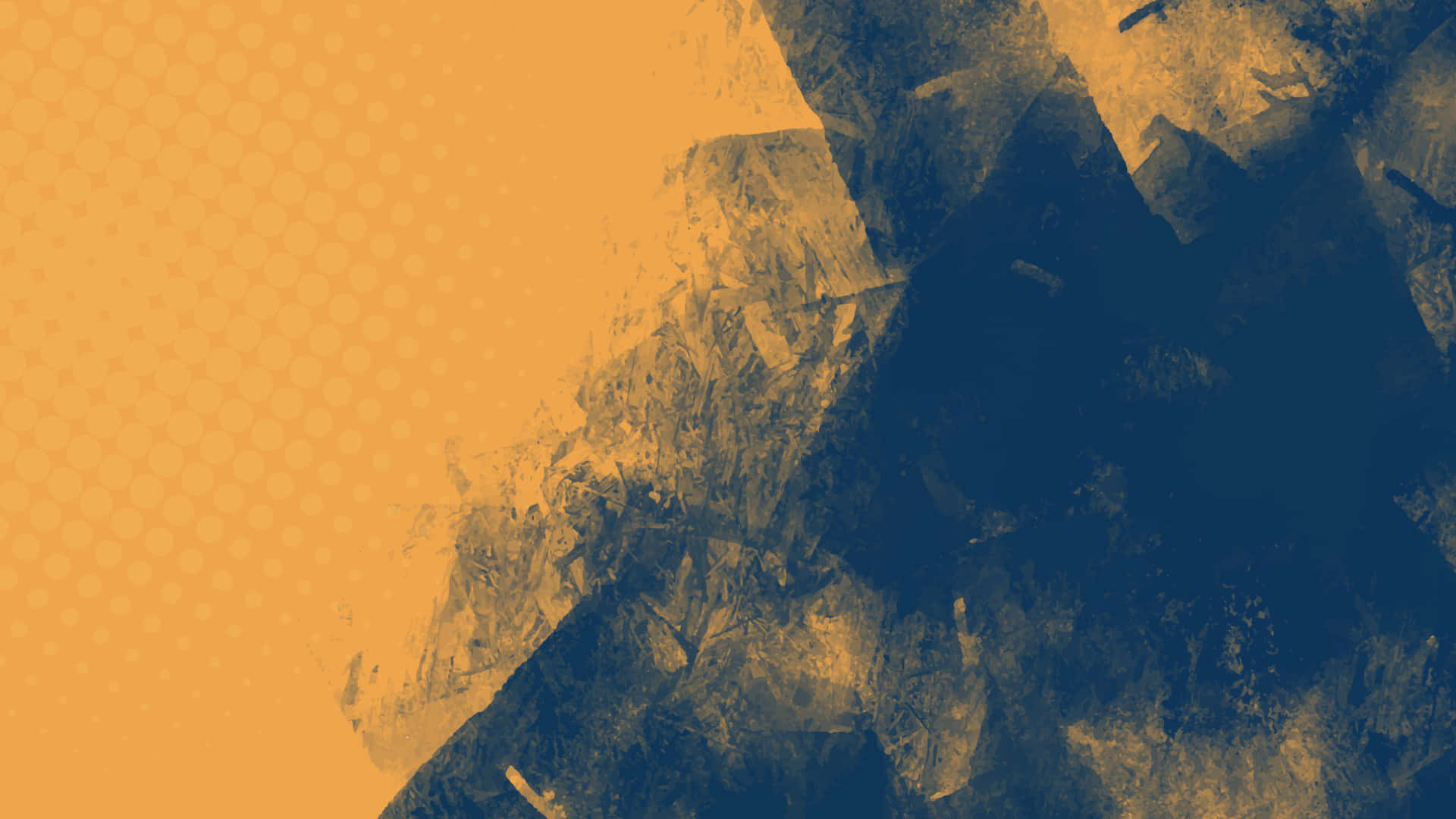 Yellow Grunge 桌布 壁紙 — 抽象數位藝術作品，大膽的橙色六邊形圖案漸變為紋理深藍色筆觸。