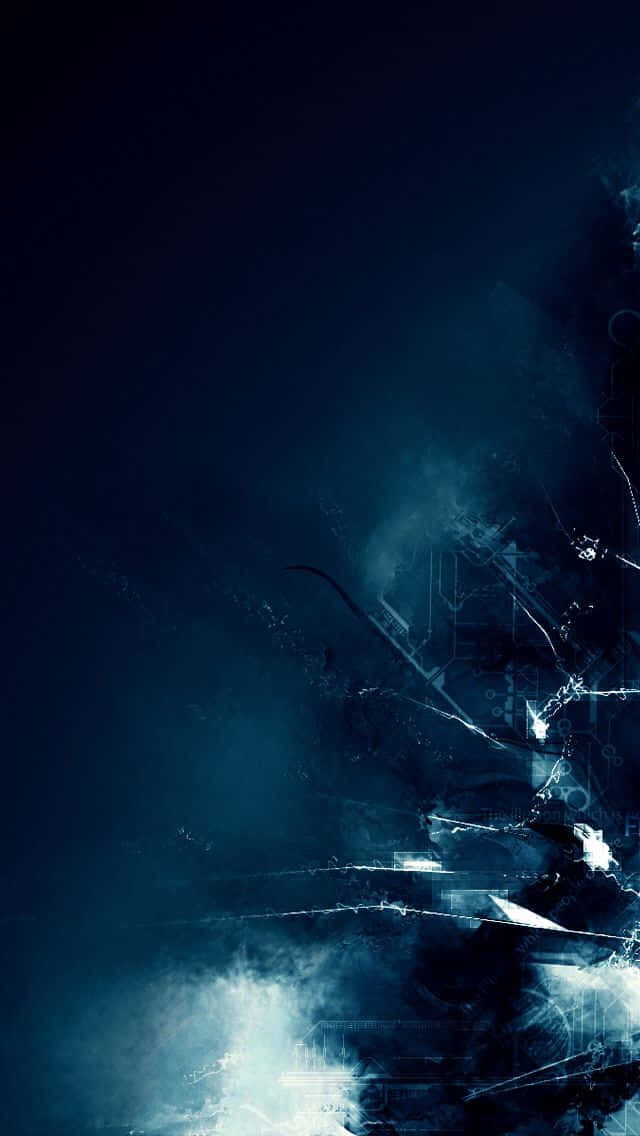 Black And Blue iPhone 桌布 壁紙 — 抽象數位電路在深藍色煙霧背景上微弱發光，帶有破碎光效。