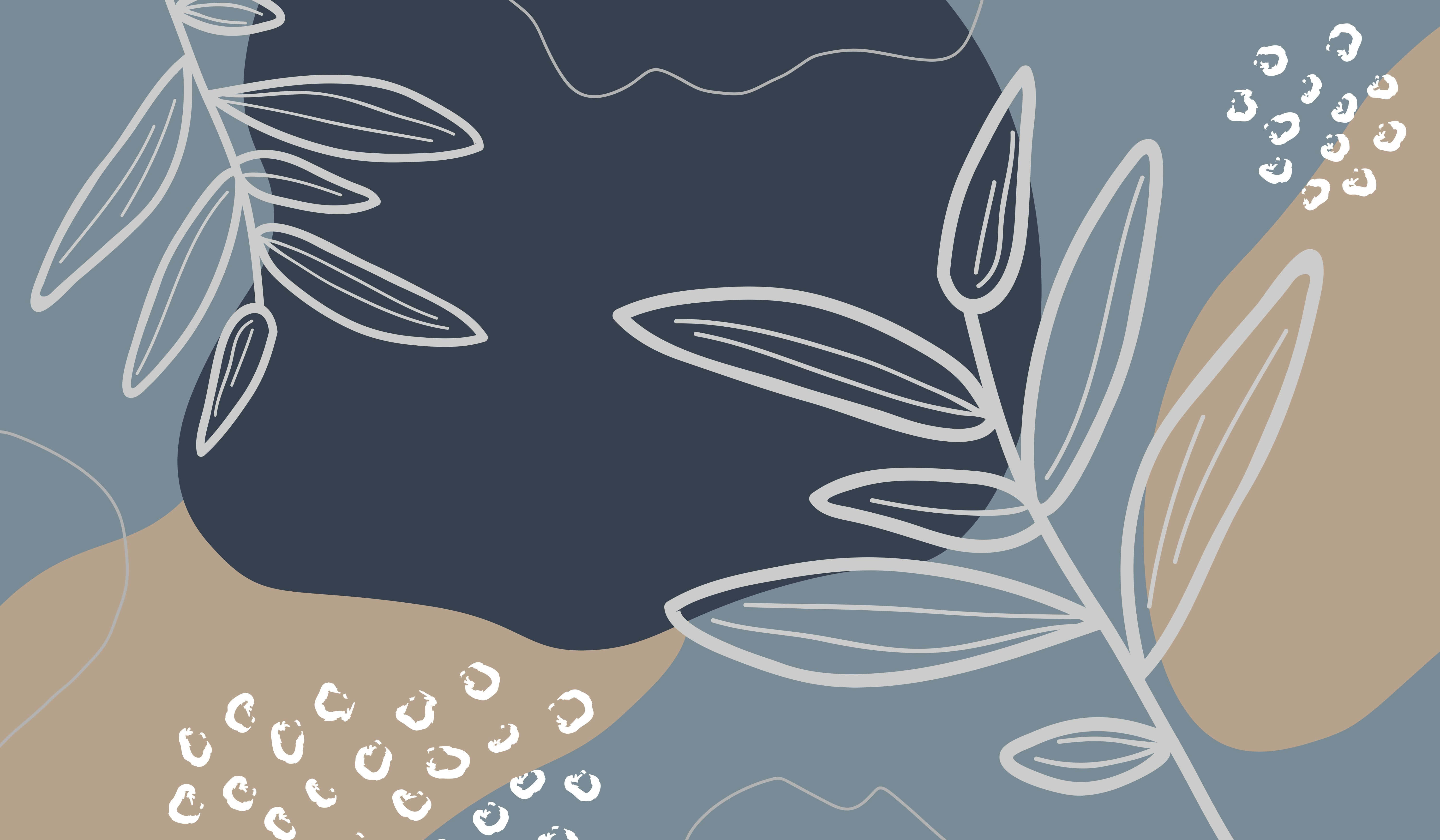Pinterest 桌布 壁紙 — 抽象植物插圖，在柔和的藍色和米色形狀上帶有白色輪廓葉子。