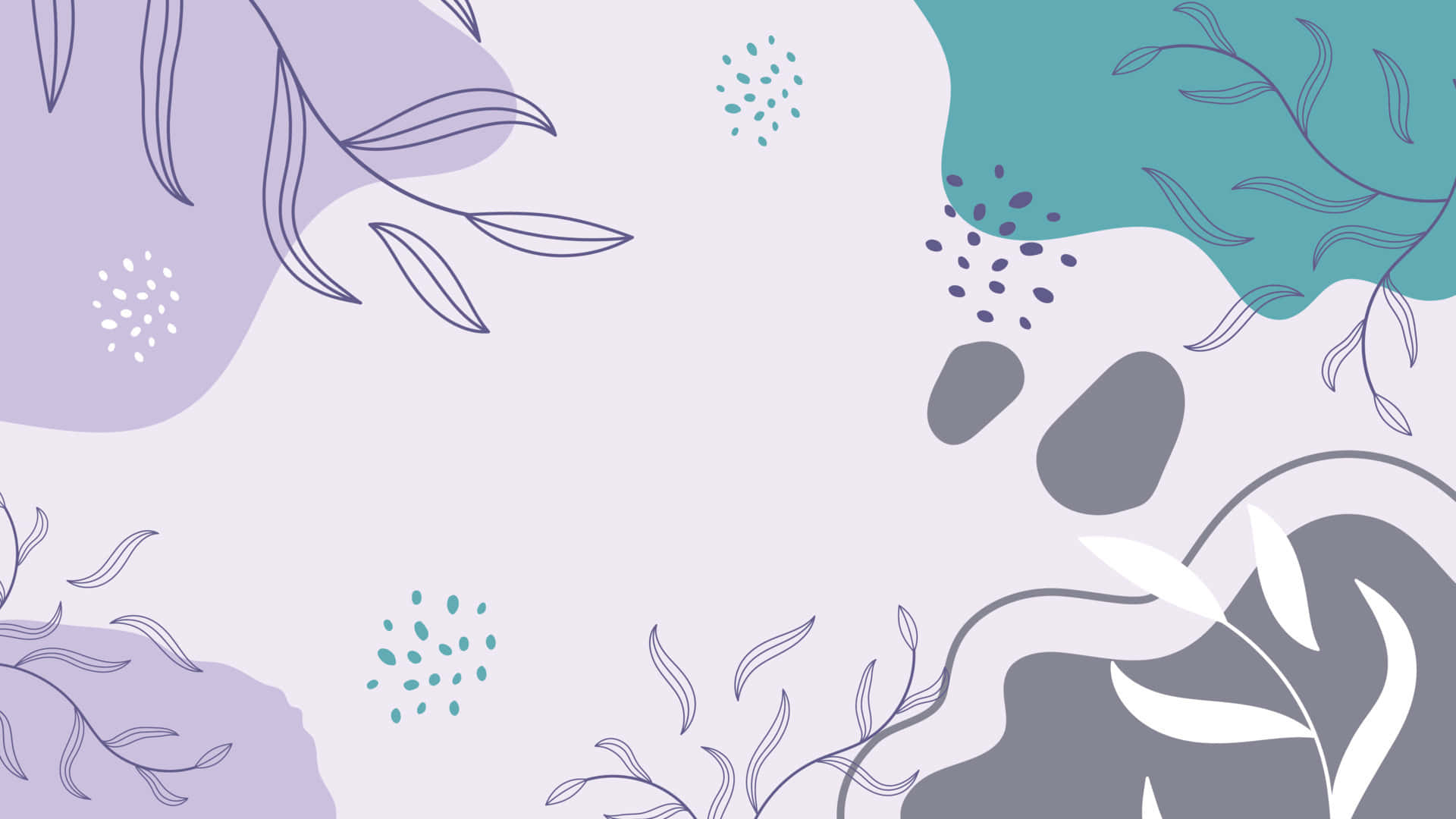 Minimalist Plant 桌布 壁紙 — 抽象植物插圖，帶有流動的薰衣草色、藍綠色和灰色形狀，以及精緻的線條繪製葉子，背景為柔和的白色。