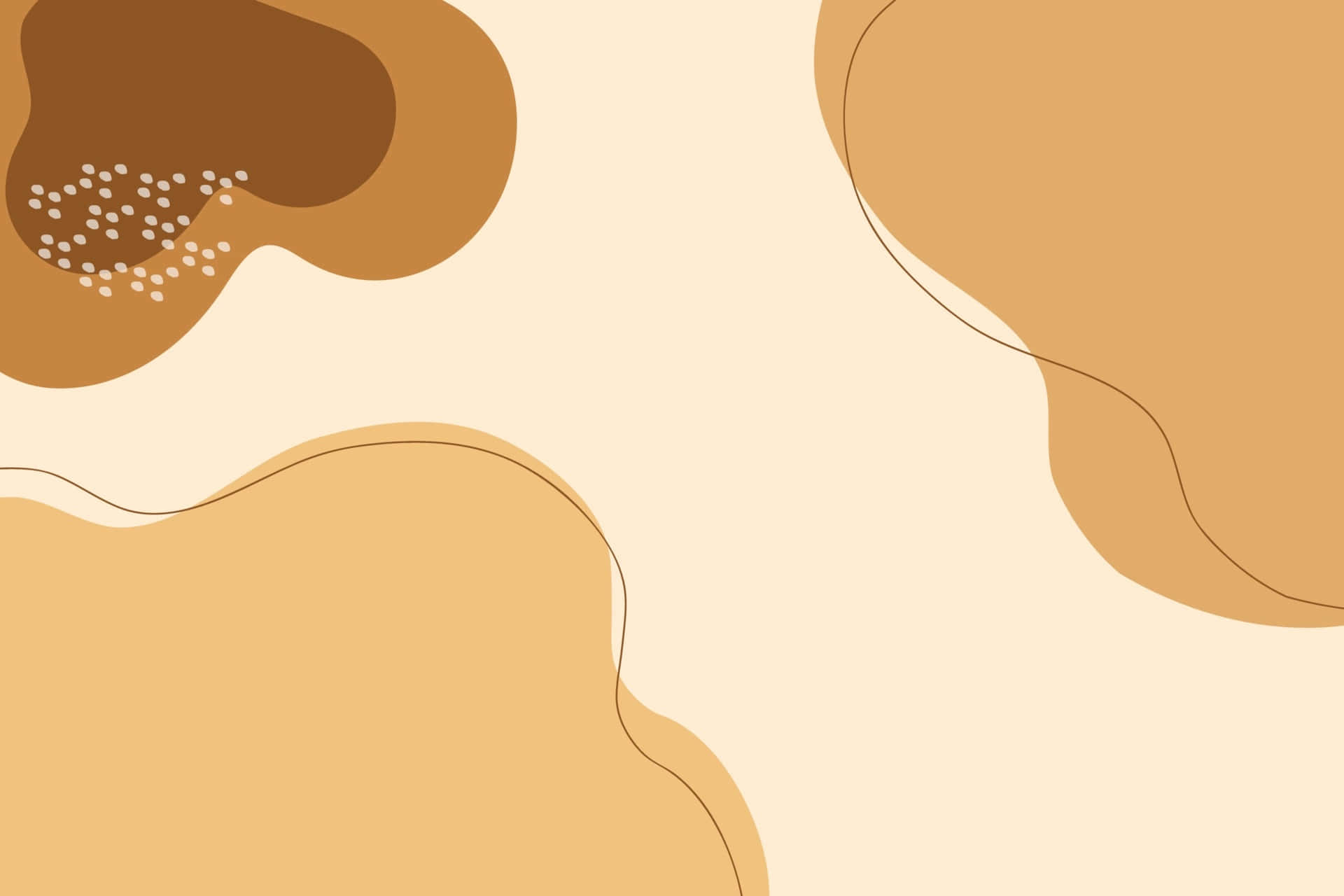 Brown Minimalist 桌布 壁紙 — 抽象極簡風格壁紙，以奶油色背景上流動的米色和棕色形狀及散落的白色圓點為特色。