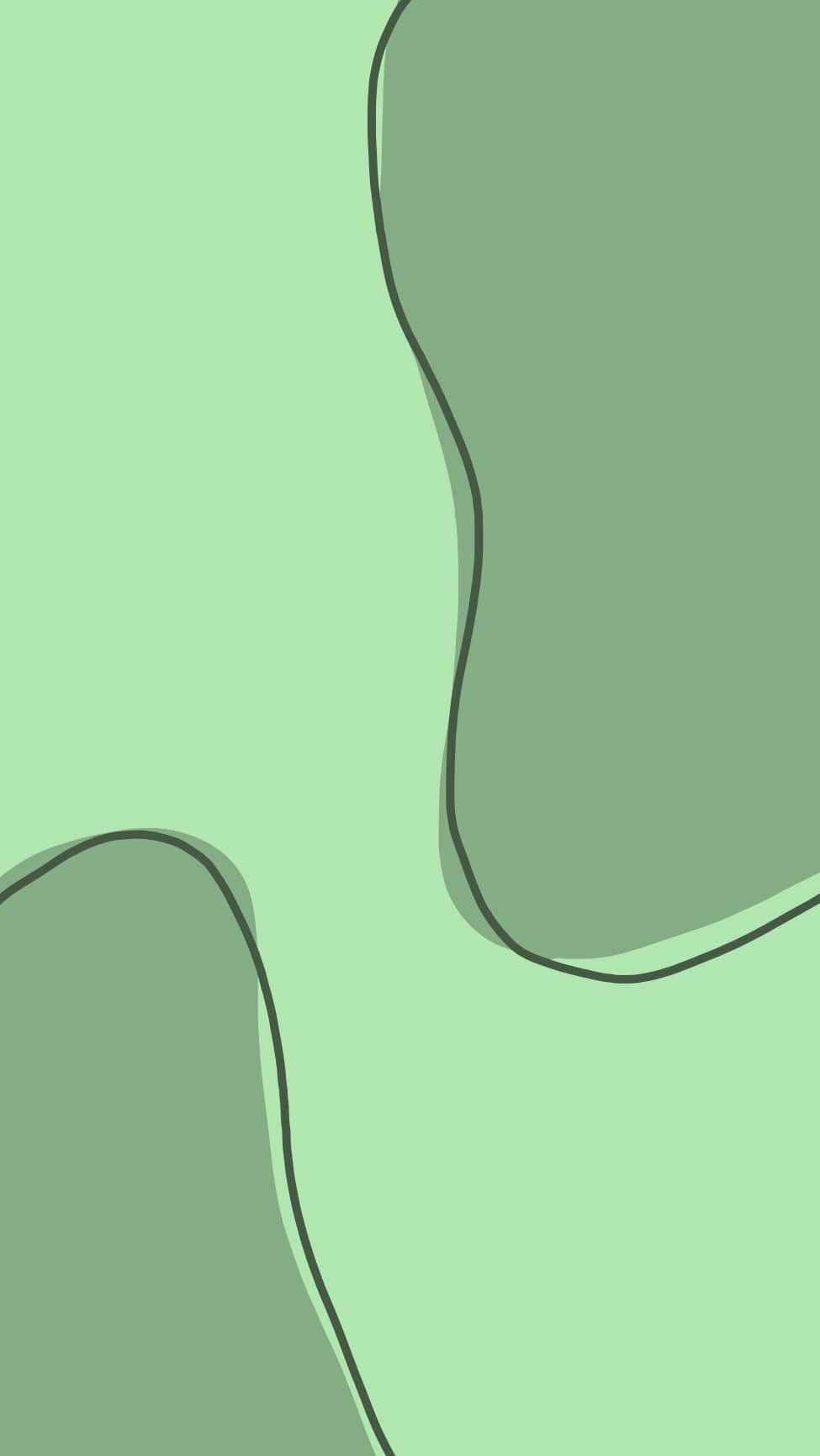 Aesthetic Green Minimal 桌布 壁紙 — 抽象極簡風格壁紙，以柔和薄荷色背景襯托黑色輪廓的流動綠色形狀。