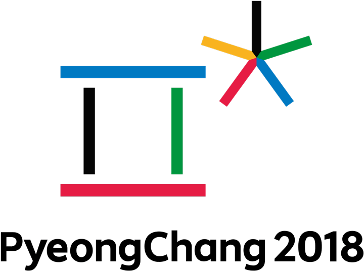 奧運 桌布 壁紙 — 抽象標誌，帶有彩色幾何形狀和文字 PyeongChang 2018，背景為黑色。