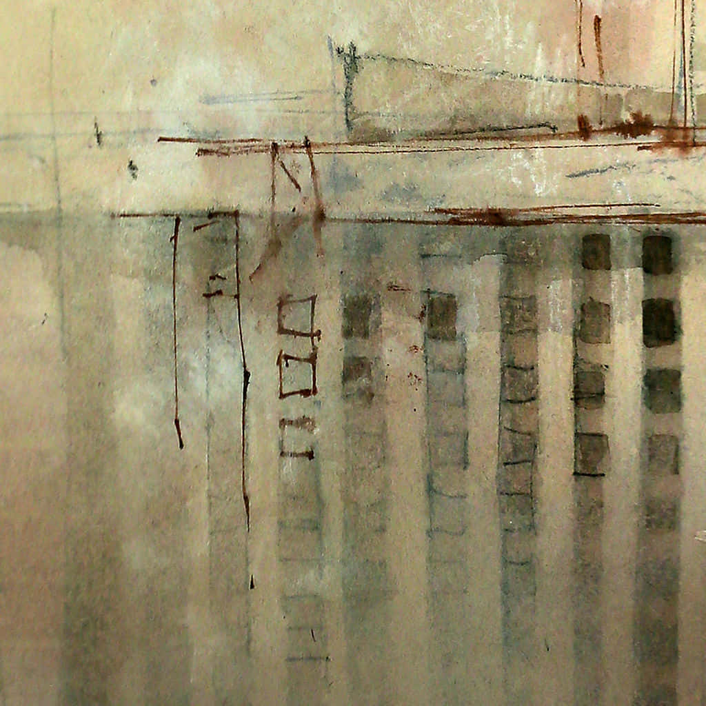 Watercolor Texture 桌布 壁紙 — 抽象水彩畫，描繪模糊的城市建築，採用柔和的大地色調和紋理筆觸。