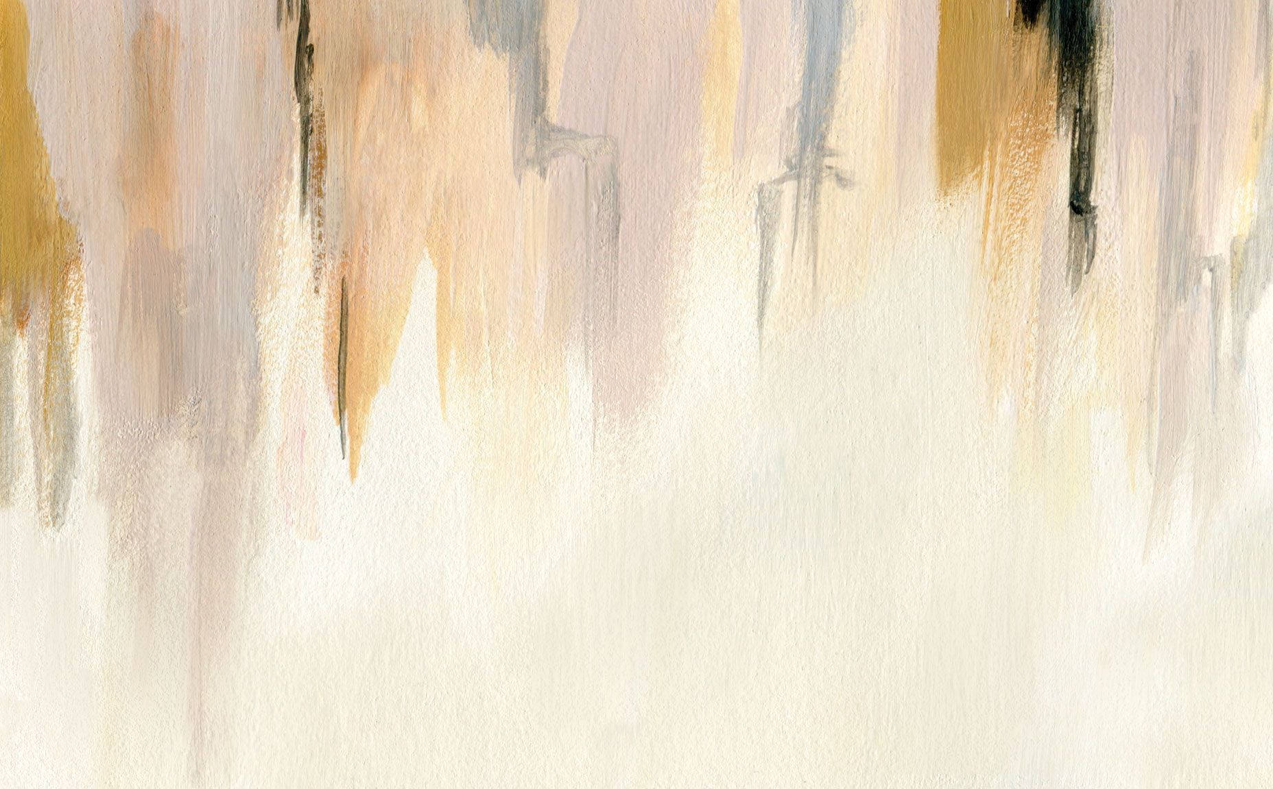 Beige Minimalist 桌布 壁紙 — 抽象水彩畫，柔和的米金色和灰色筆觸在紋理奶油色背景上向下滴落。