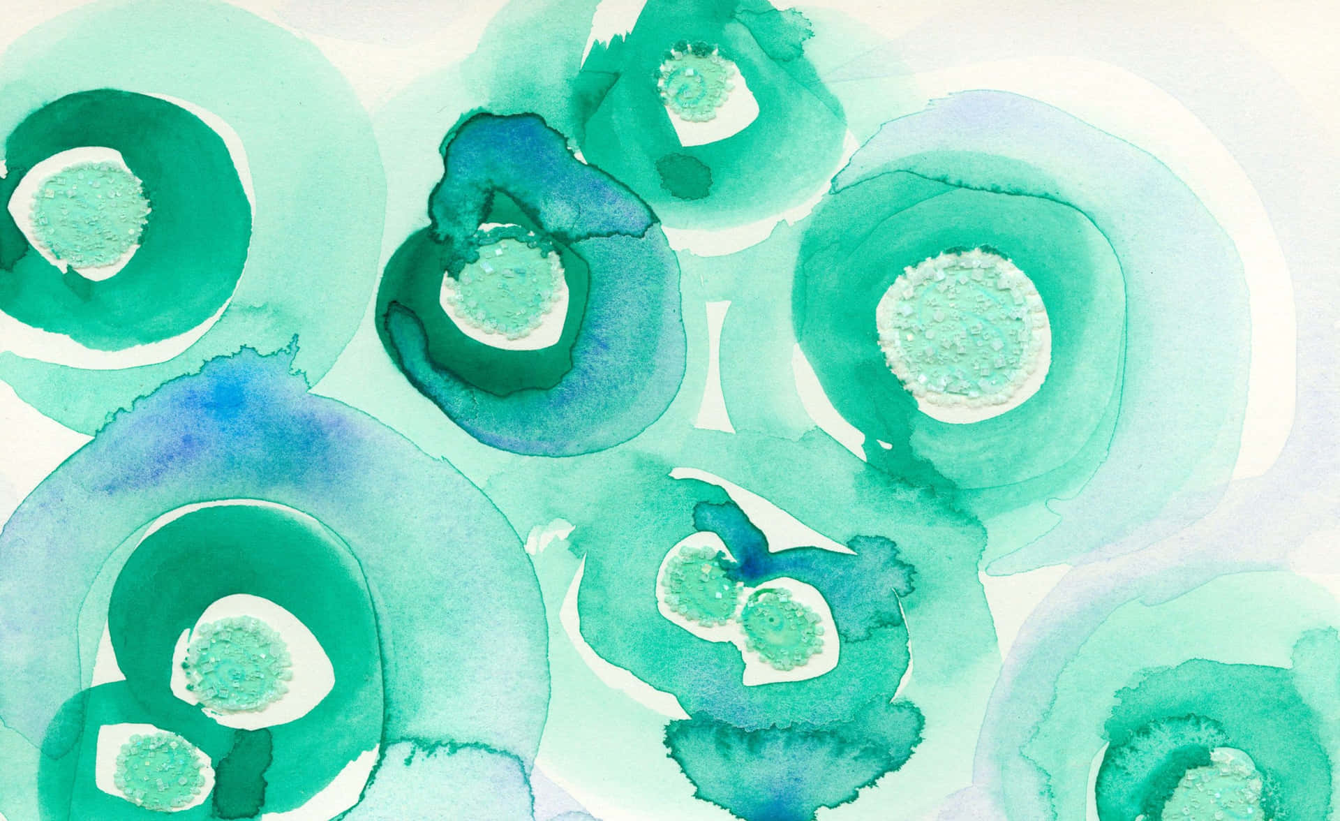 Cell 桌布 壁紙 — 抽象水彩藝術作品，在淺色背景上呈現帶有紋理中心的青綠色和藍色圓形重疊形狀。