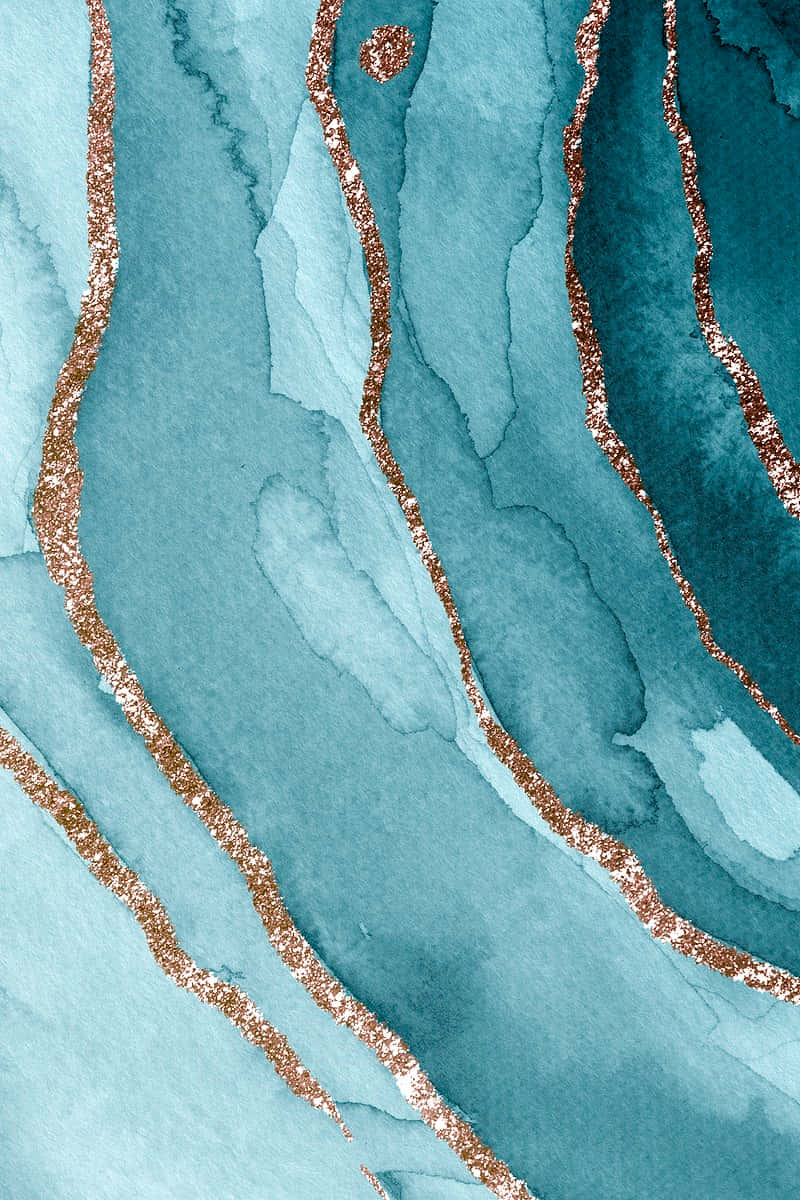 Teal Marble 桌布 壁紙 — 抽象水彩藝術品，帶有流動的藍綠色調和閃閃發光的銅金色線條，營造出奢華的有機圖案。