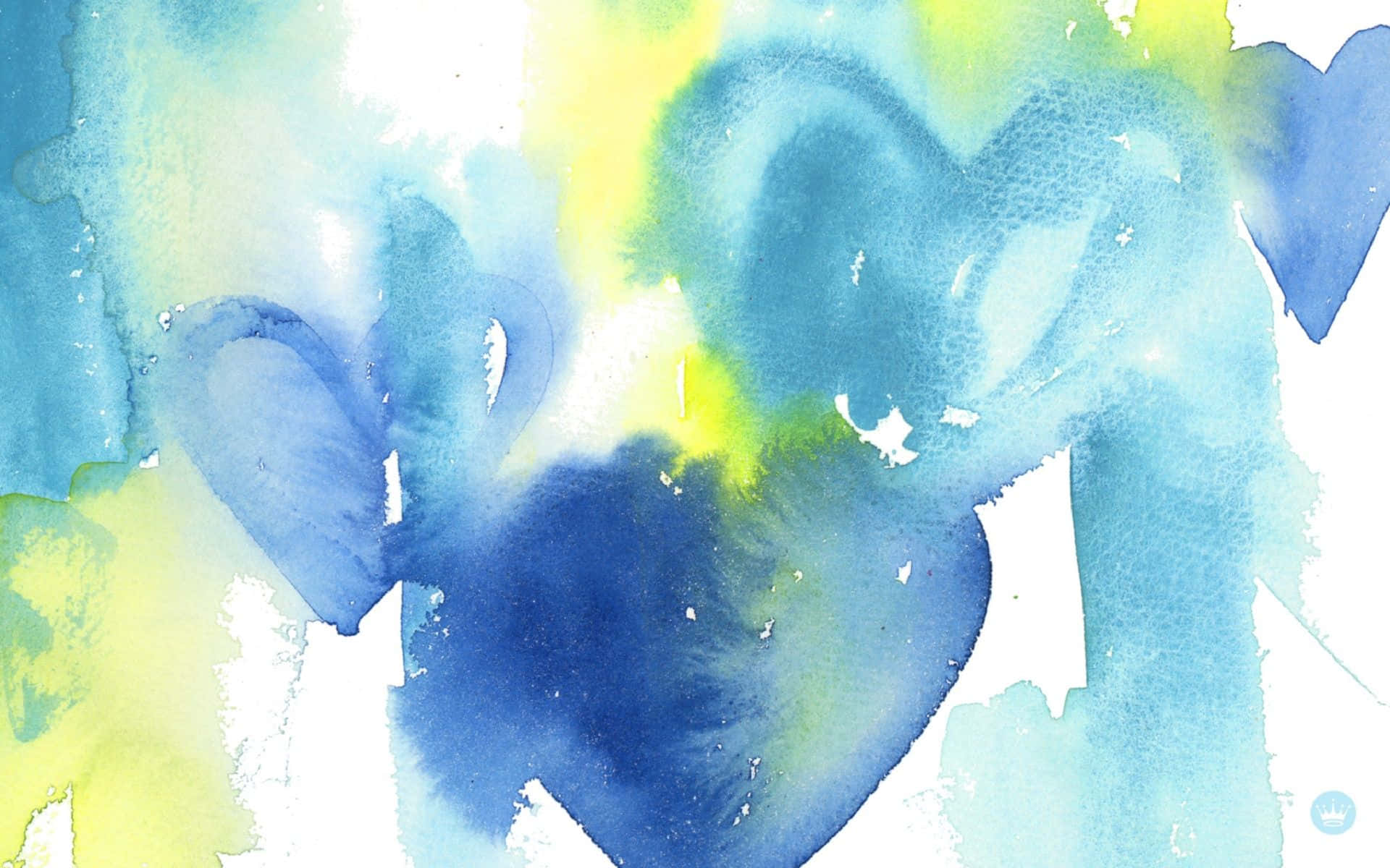 Heart Shape 桌布 壁紙 — 抽象水彩藝術品，流動的藍色和黃色色調融入柔和的白色背景。
