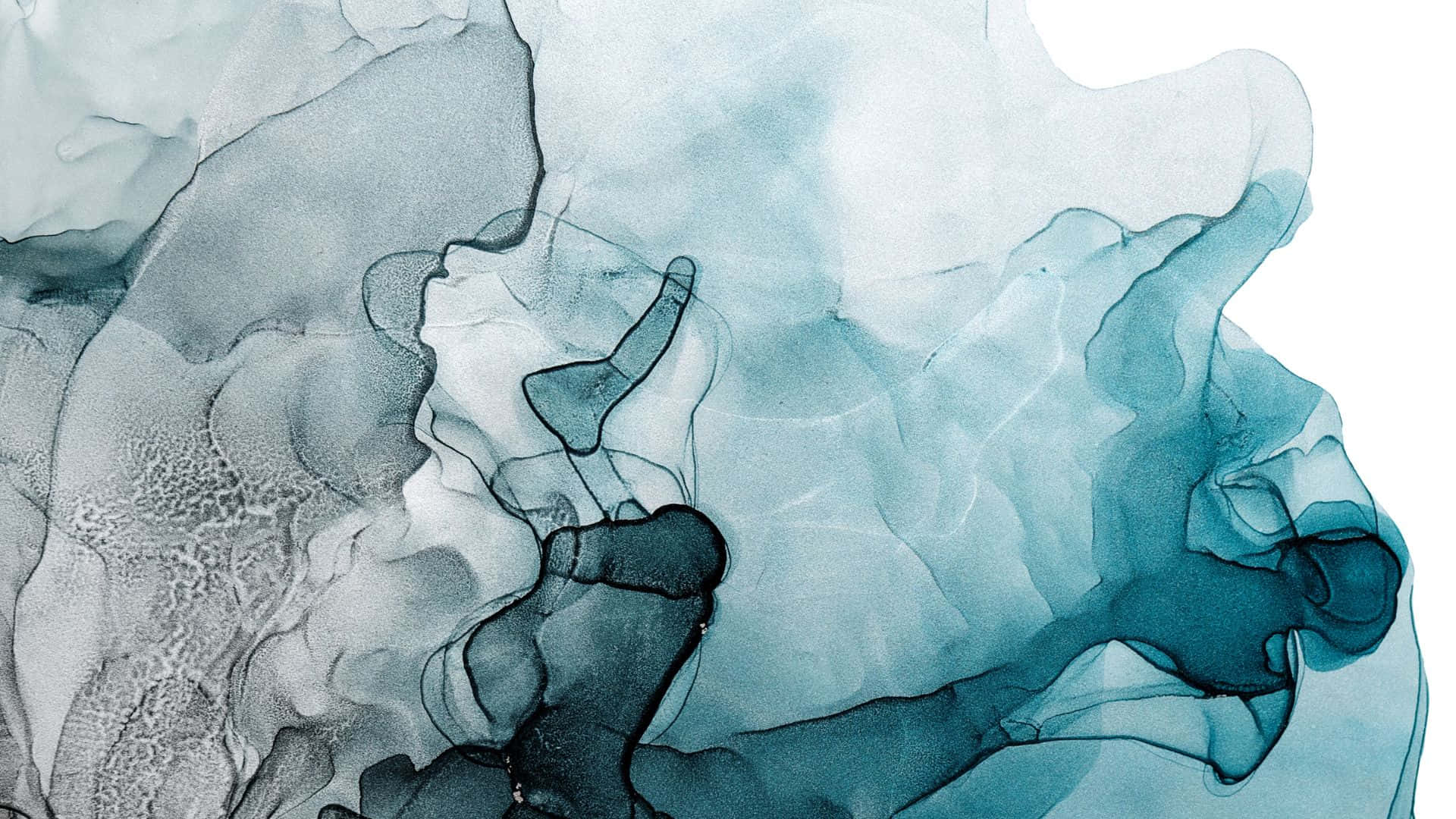 1920 X 1080 桌布 壁紙 — 抽象流體藝術，在純白背景上呈現旋轉的藍綠色和灰色墨水形態。