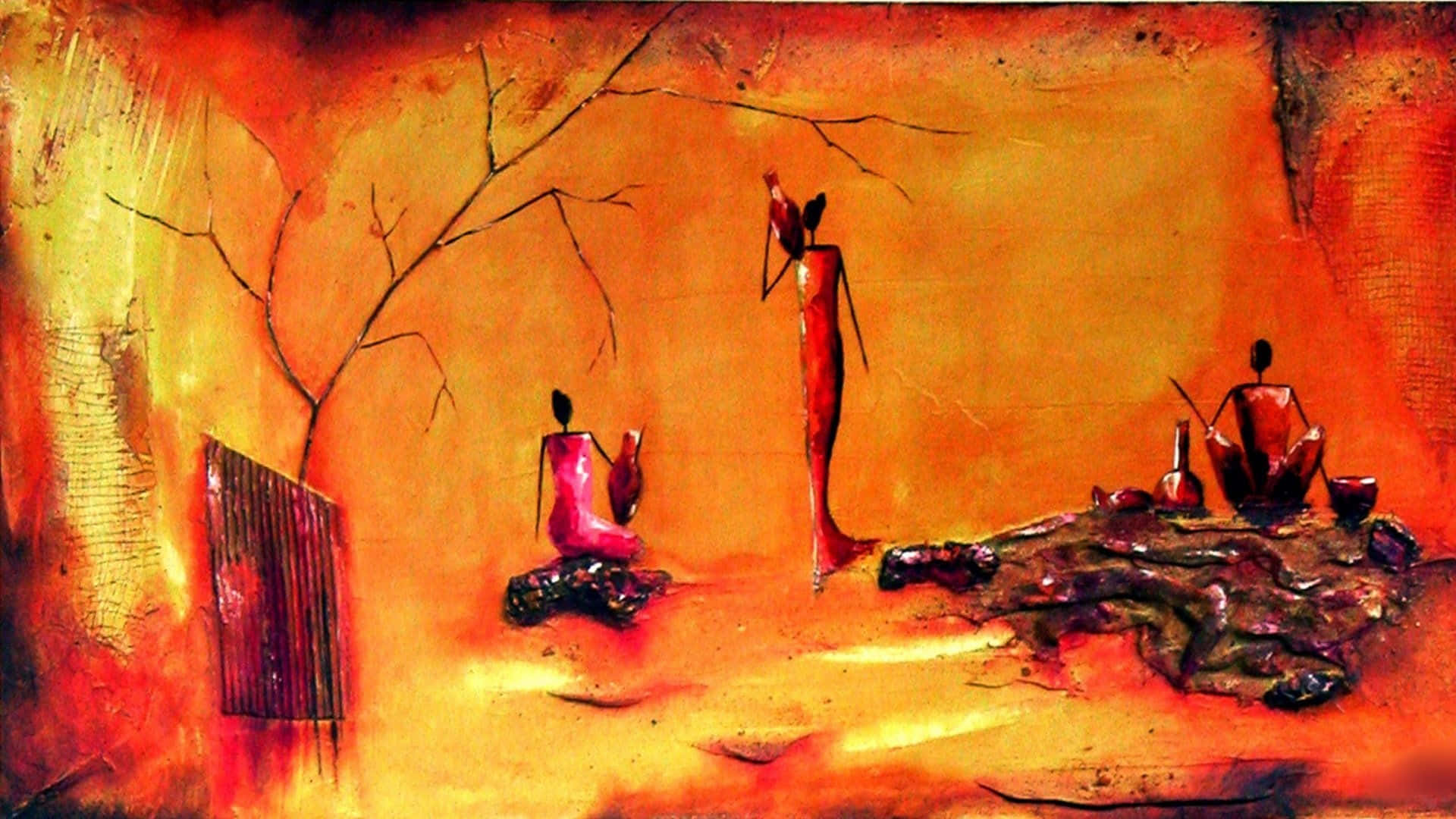 Painting 桌布 壁紙 — 抽象畫，描繪風格化的人物，以溫暖的橙色和紅色色調呈現，搭配光禿的樹木和紋理地面。