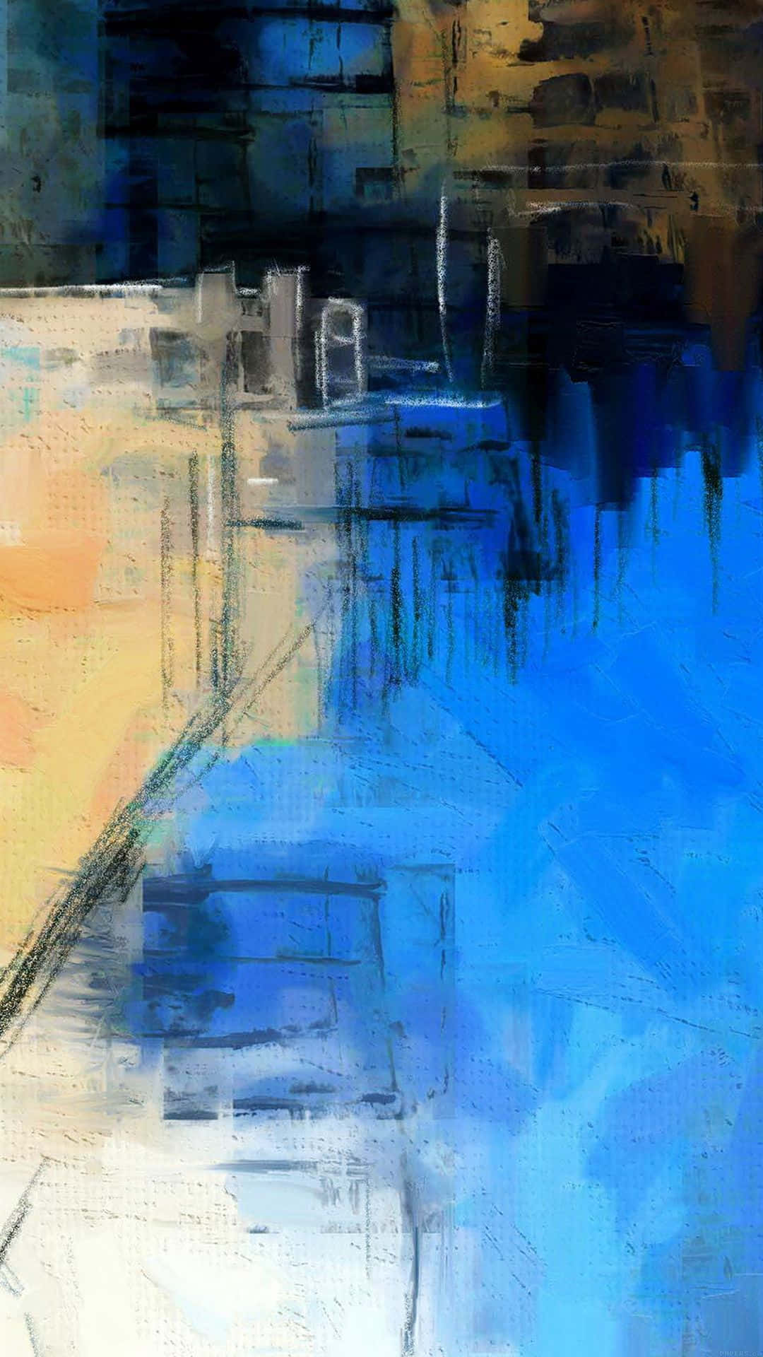 paint 桌布 壁紙 — 抽象畫作，以大膽的藍色和赭色筆觸暗示黃昏時分的城市景觀。